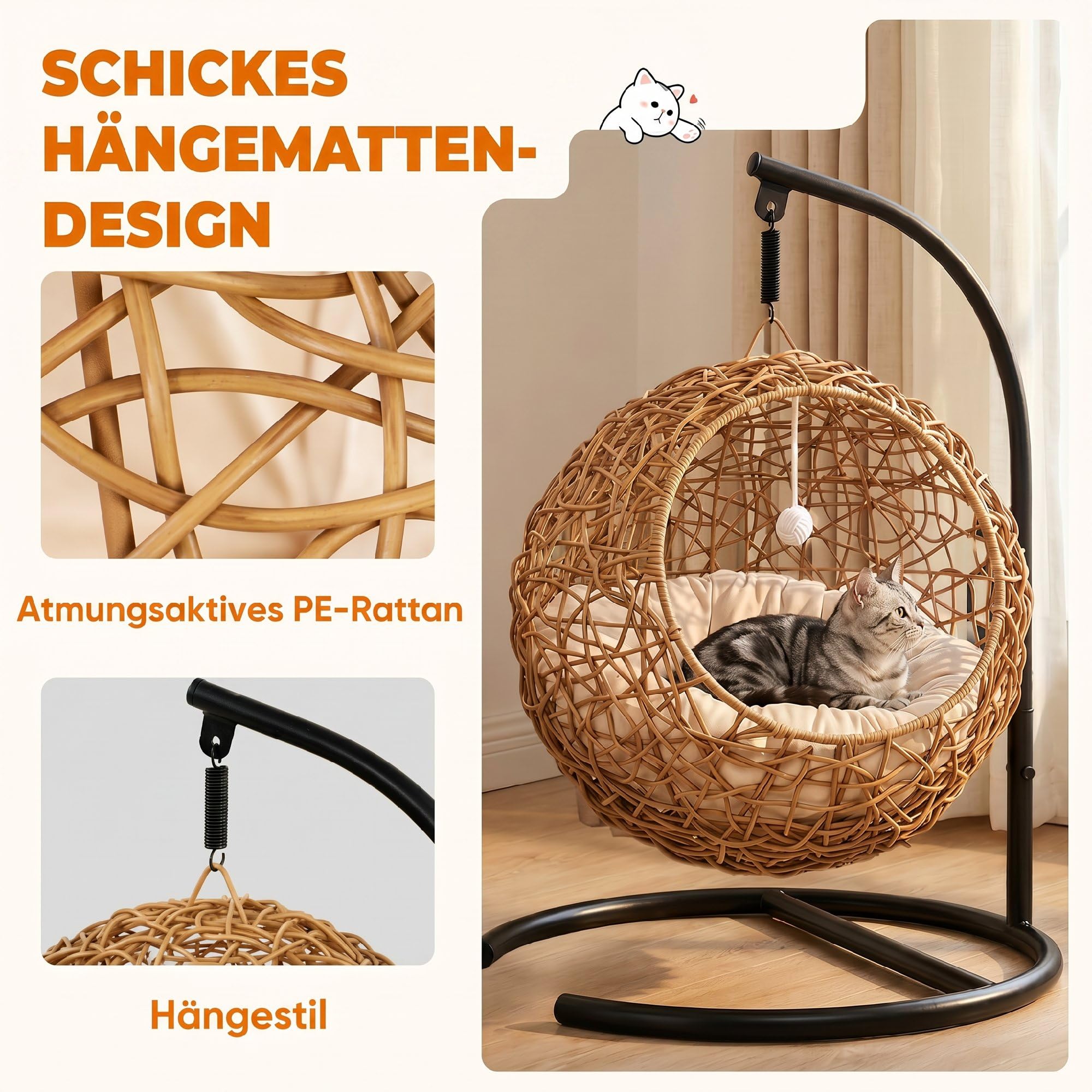 PawHut Cama para gatos de ratán con cojín lavable y pelota de juego, cesta colgante con estructura, casa para gatos de hasta 10 kg, 45 x 41 x 75 cm, marrón claro