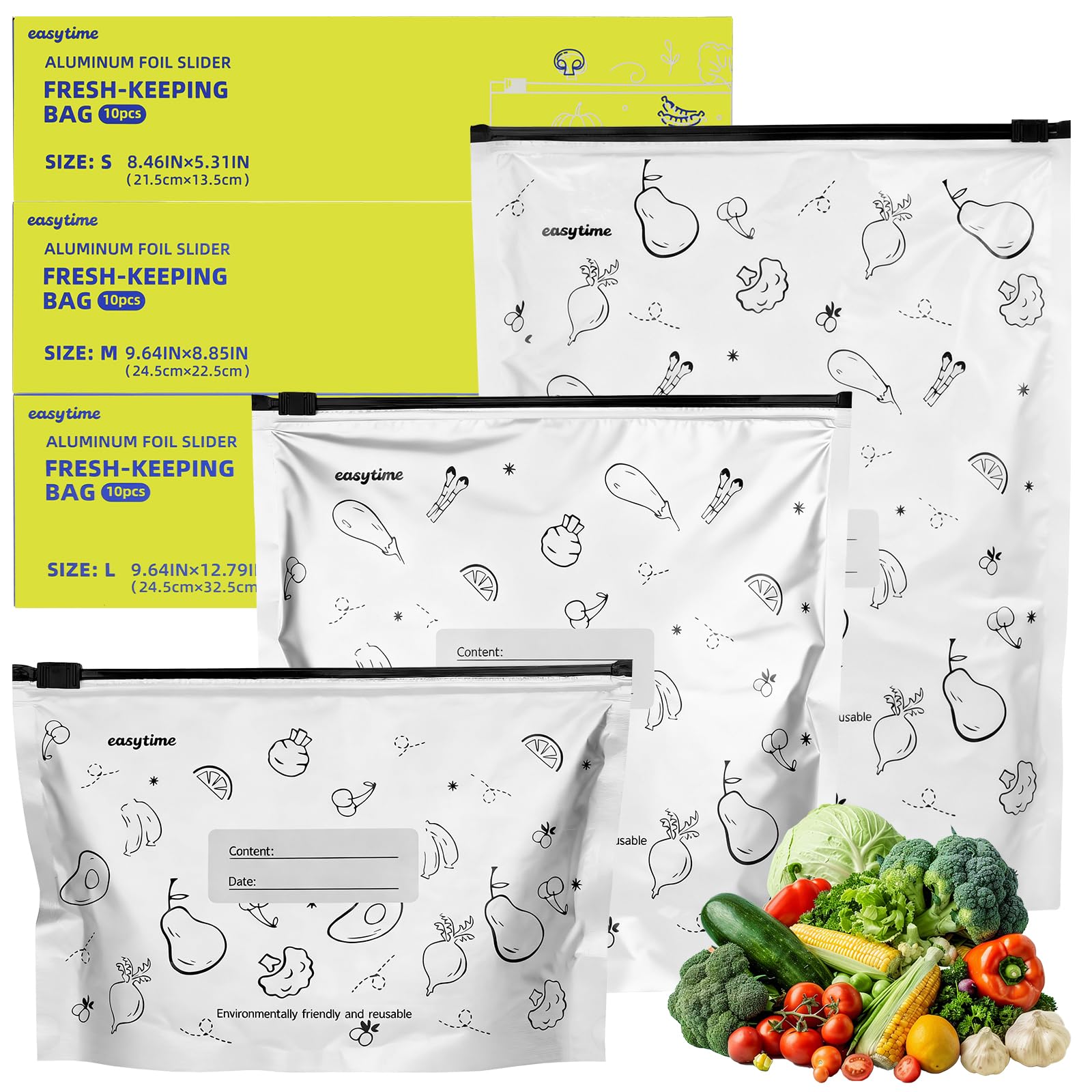 30PCS Reusable Aluminum Foil Sealable Storage Bags, 3 Sizes Upgraded Reusable Aluminum Foil Freezer Bags with Label and Upgraded Zipper for Meat and Seafood (10*S+10*M+10*L)