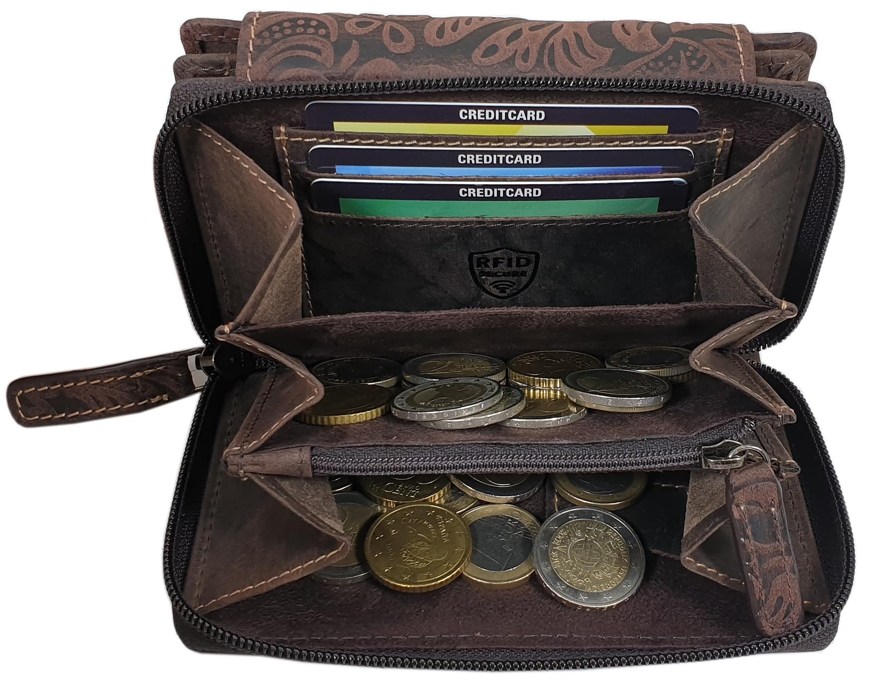 myledershop Cartera de piel de búfalo para mujer, formato vertical, con cierre exterior con estampado de lianas y protección RFID y NFC, marrón, Einheitsgröße, Moderno