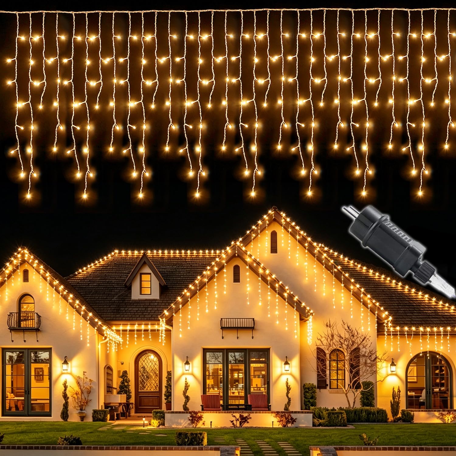 Guirlande lumineuse à LED Pluie de glace extérieur 15m | 600 Leds Blanc Chaud Guirlande lumineuse de Noël d'extérieur avec 8 modes, Timer, IP44 pour Noël, Avant-toits, jardins