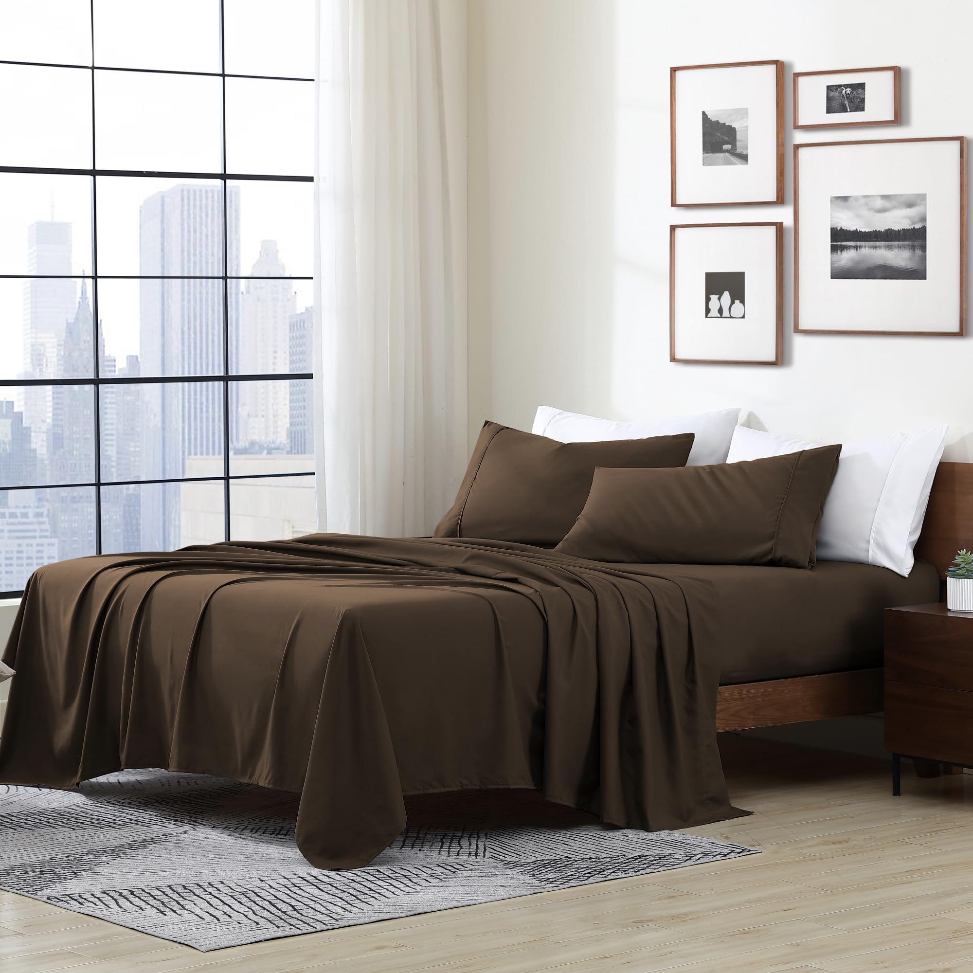 Cathay Home Essentials Ultra Soft Hypoallergenic Wrinkle Resistant Double Brushed Microfiber Bedding Sheet Set, Brown, Twin XL