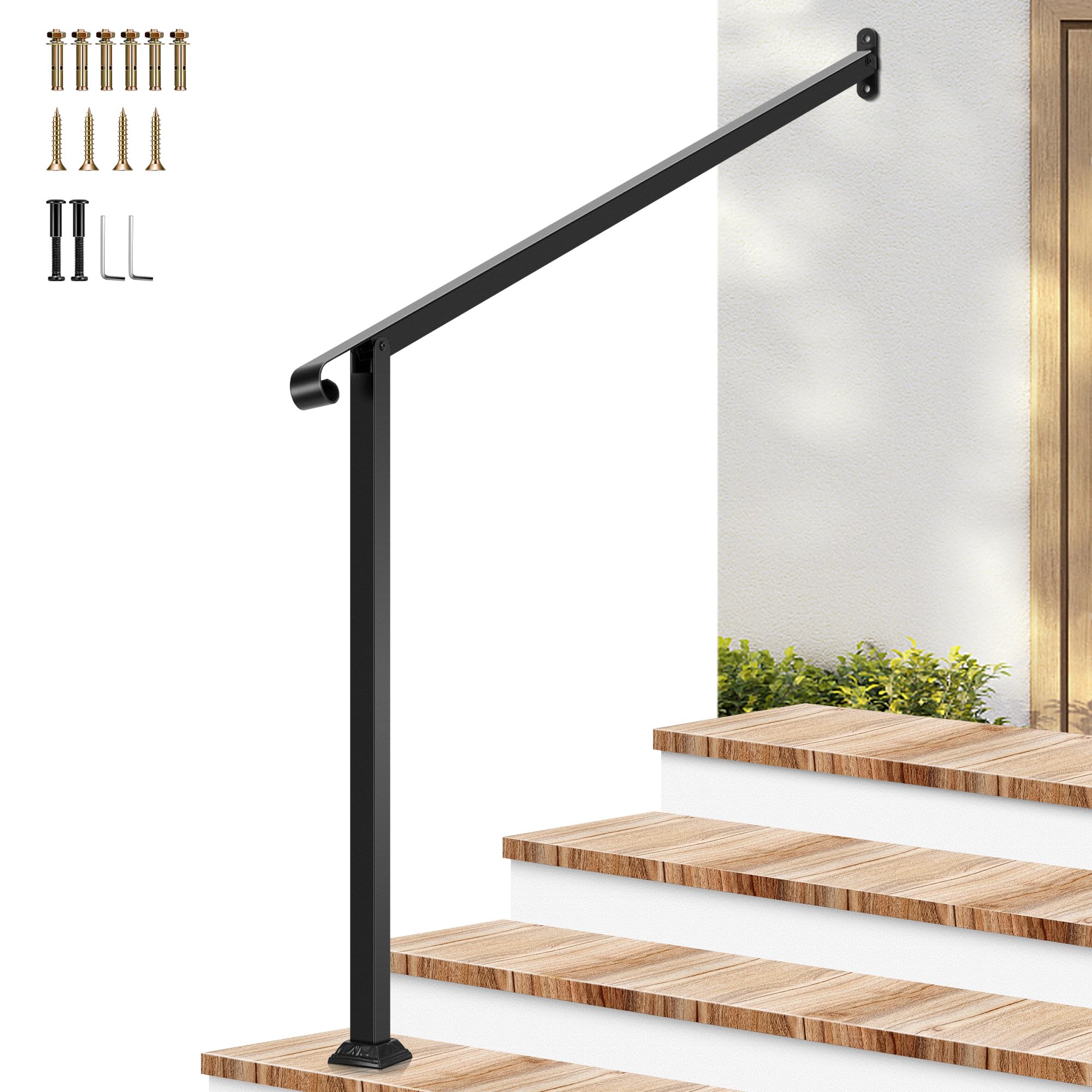 VIVOSUN 4-Step Stair Handrail 48"x39" Wrought Iron with 1 Curved End Black