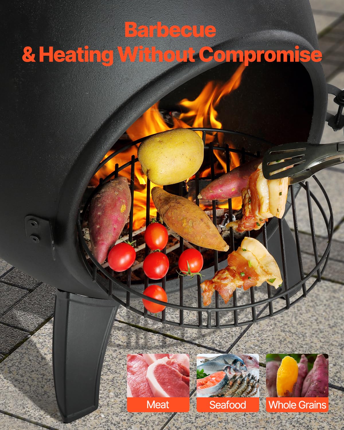 VEVOR Chimenea de Leña Exteriores 457 mm, Chimenea Esférica para Barbacoa y Calentamiento con Malla para Parrilla Revestimiento para Tapa a Prueba de Óxido para Patio, Jardín, 430 x 420 x 1120 mm