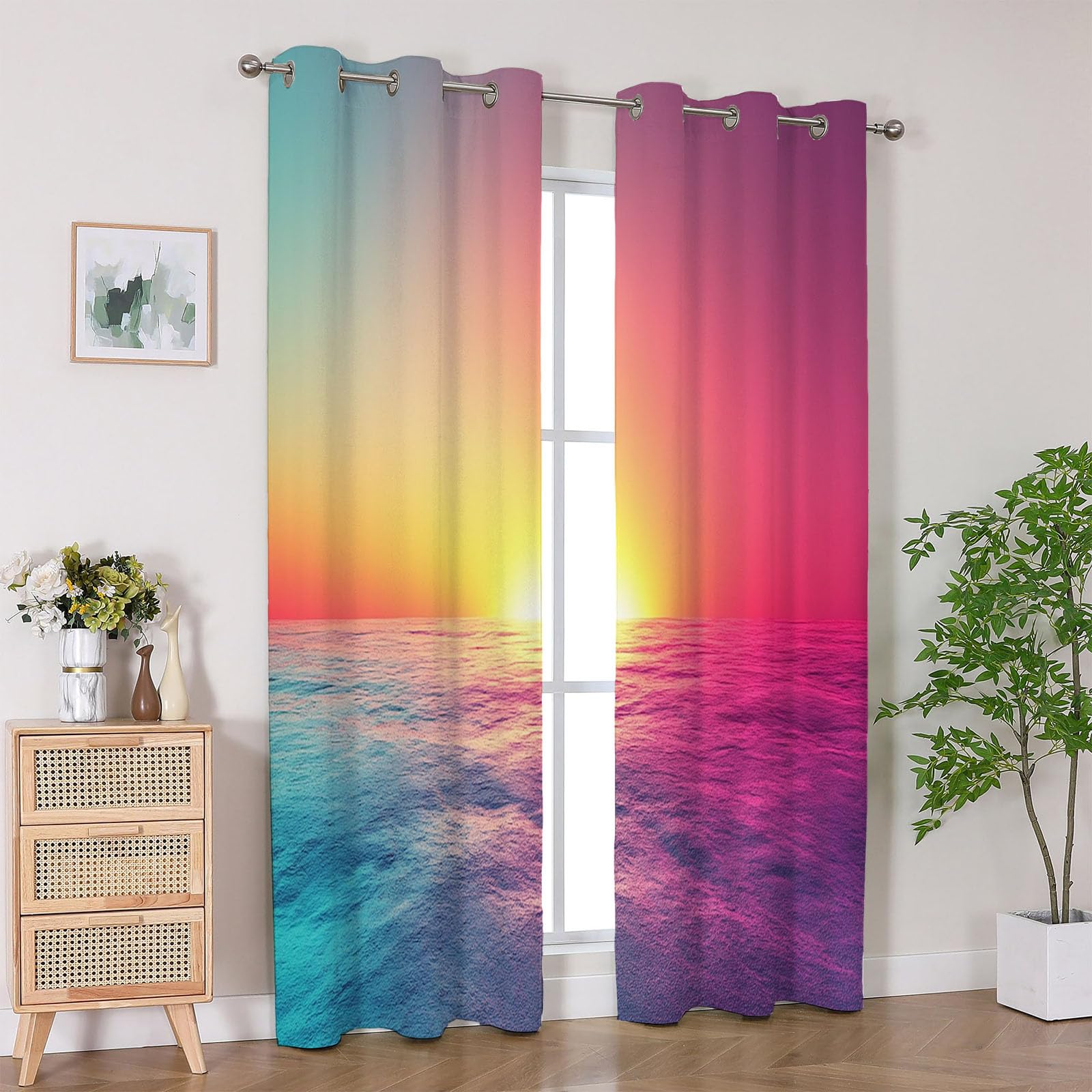 Vorhänge Blickdicht Abstrakt - Lebhafter Verlauf-Ozean-Sonnenuntergang Abstrakt Modern Wohnzimmer Gardinen Vorhänge kurz Schlafzimmer Küchengardinen Decor-H300 x B140 cm (2er Pack)