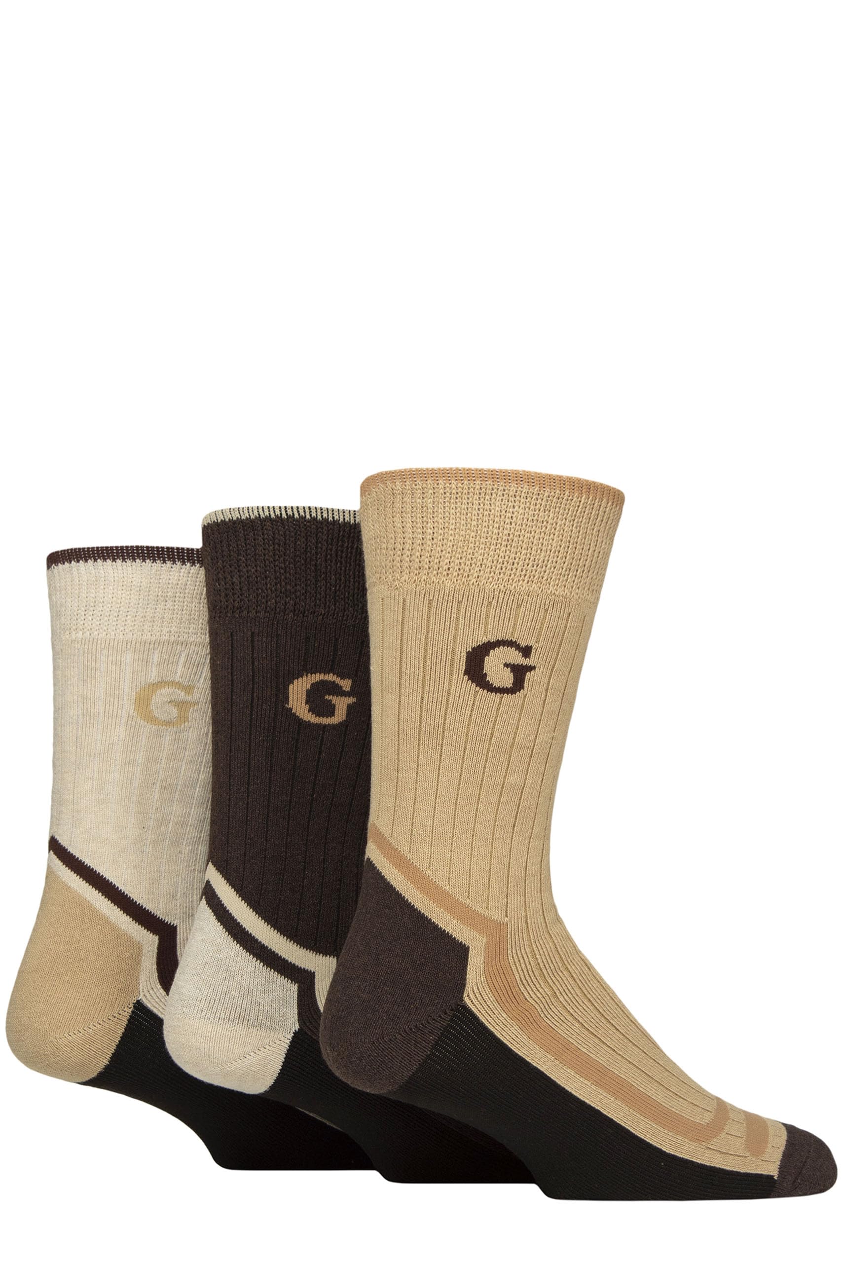 Glenmuir Men' s Durable Boot Socks - Soft Cotton, Cushioned, Ribbed, Moisture Wicking, Outdoor, Walking, Hiking, Trekking, 3 Pair Multipack Size 7-11 Brown/Beige