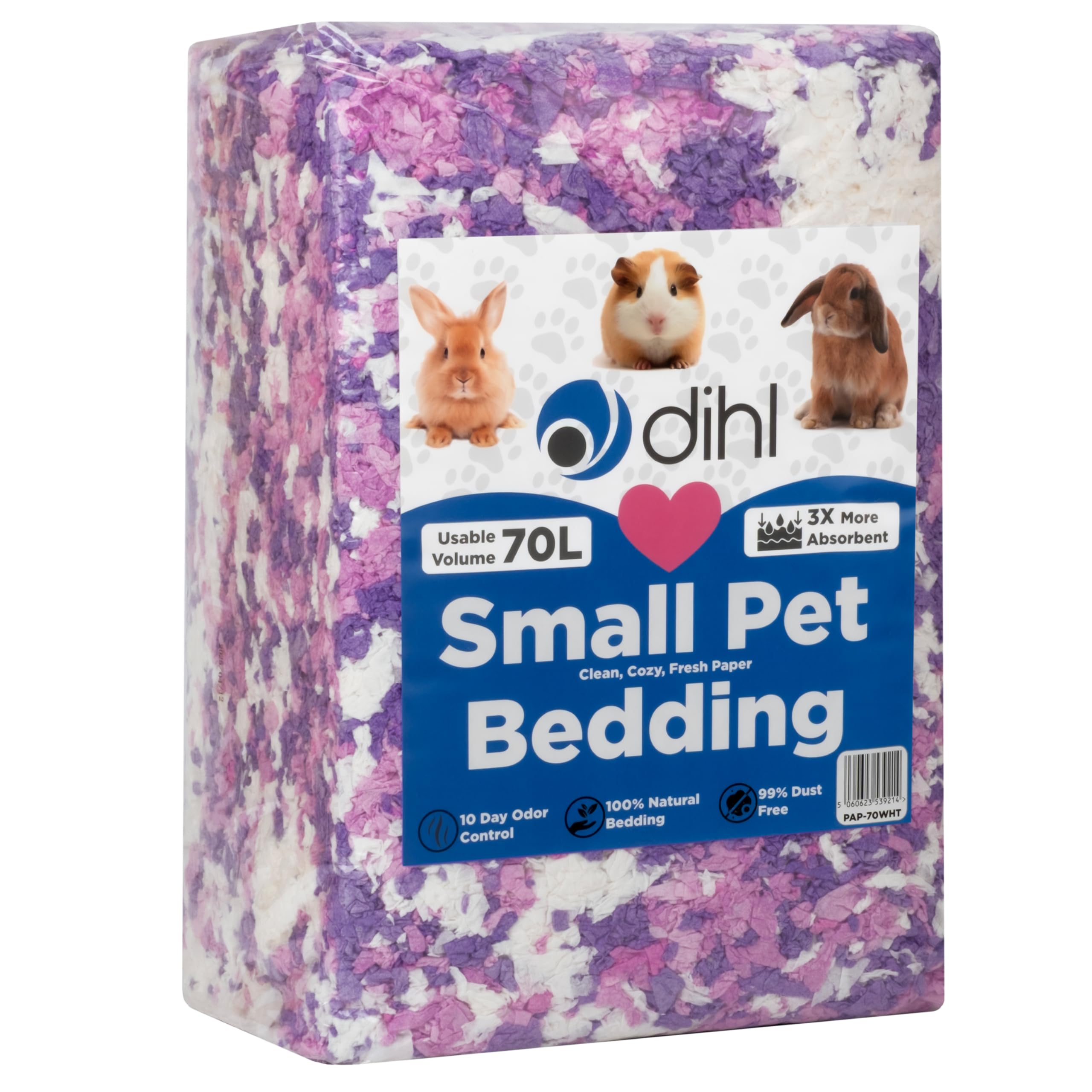 Dihl 70 Litre, Purple, Pink & White, Super Absorbent Paper Bedding for Small Animals. Absorbs 6 Times its Weight in Liquid. Hamster, Mice, Rat, Rabbit, Guinea Pig Gerbil Cage Substrate – 70L