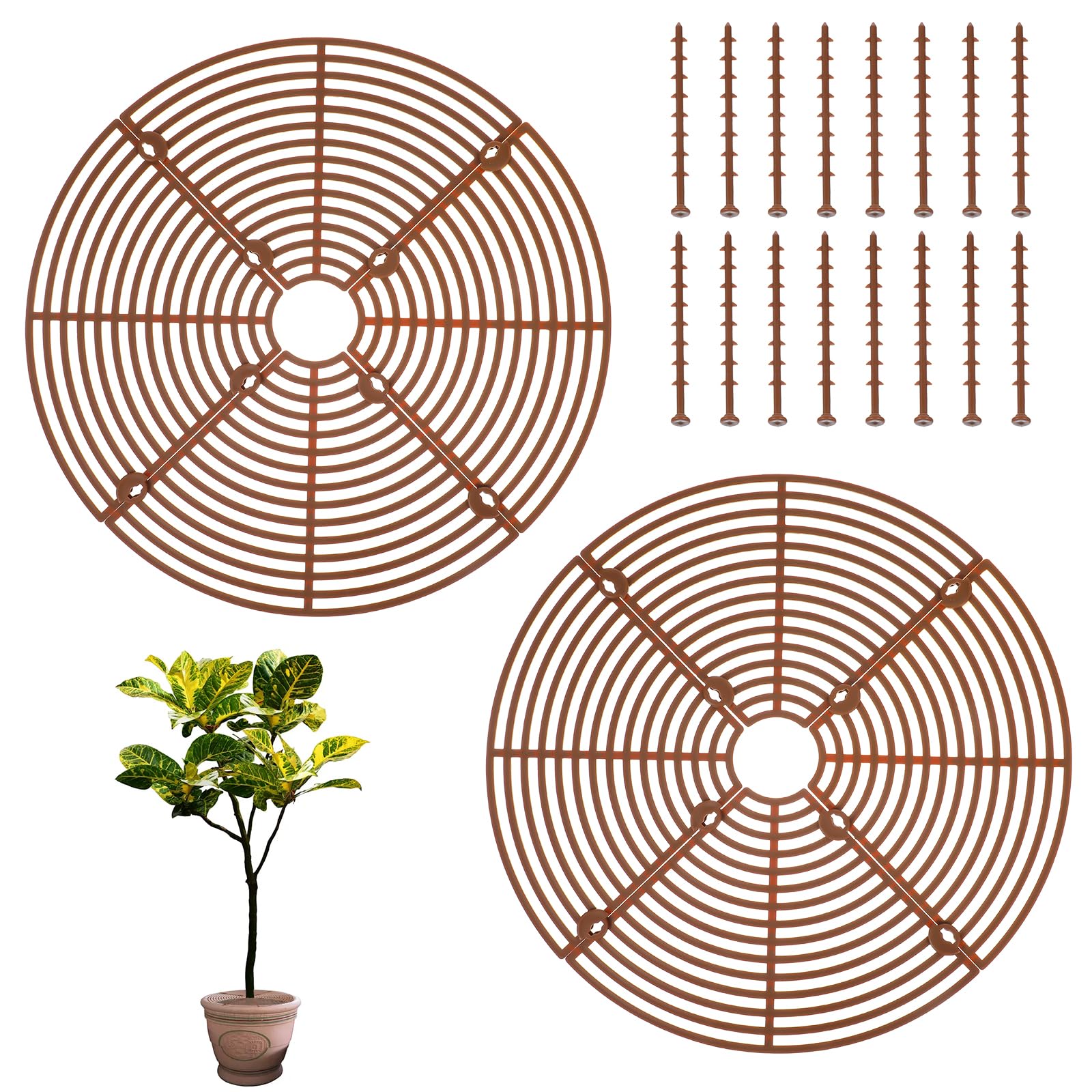 Nogeqi 2PCS Plant Pot Cover with Center Cutout, Cuttable Plant Cover with Stakes from Animals, Indoor Plants Protector from Cats, Cat Digging Stopper Pot Grid for Gardening (Brown, 11.8 Inch)