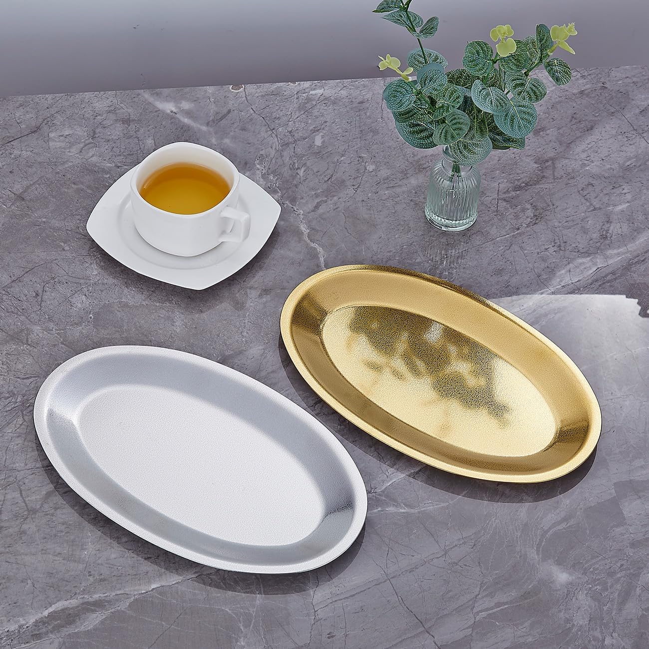 SANQIAHOME 10.9x6.7 Inch Thick Stainless Steel Dinner Plate 2-Piece Set, Egg-Shaped Appetizer Plate,Silver