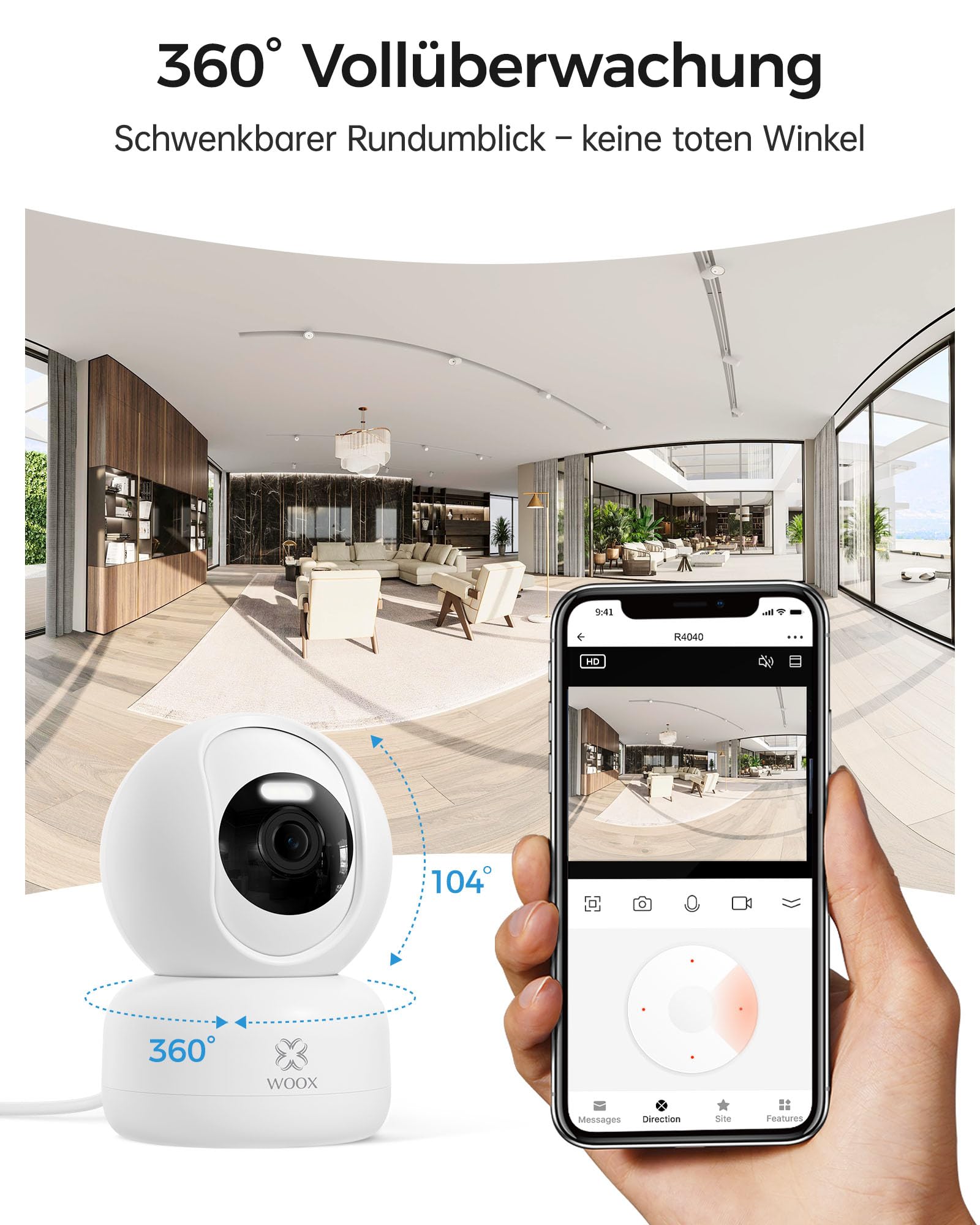 Woox Cámara de seguridad para interiores, 2K, Wi-Fi de 360°, cámara interior para perros con visión nocturna en color, reconocimiento de gritos personal/bebé, seguimiento de automóviles, audio