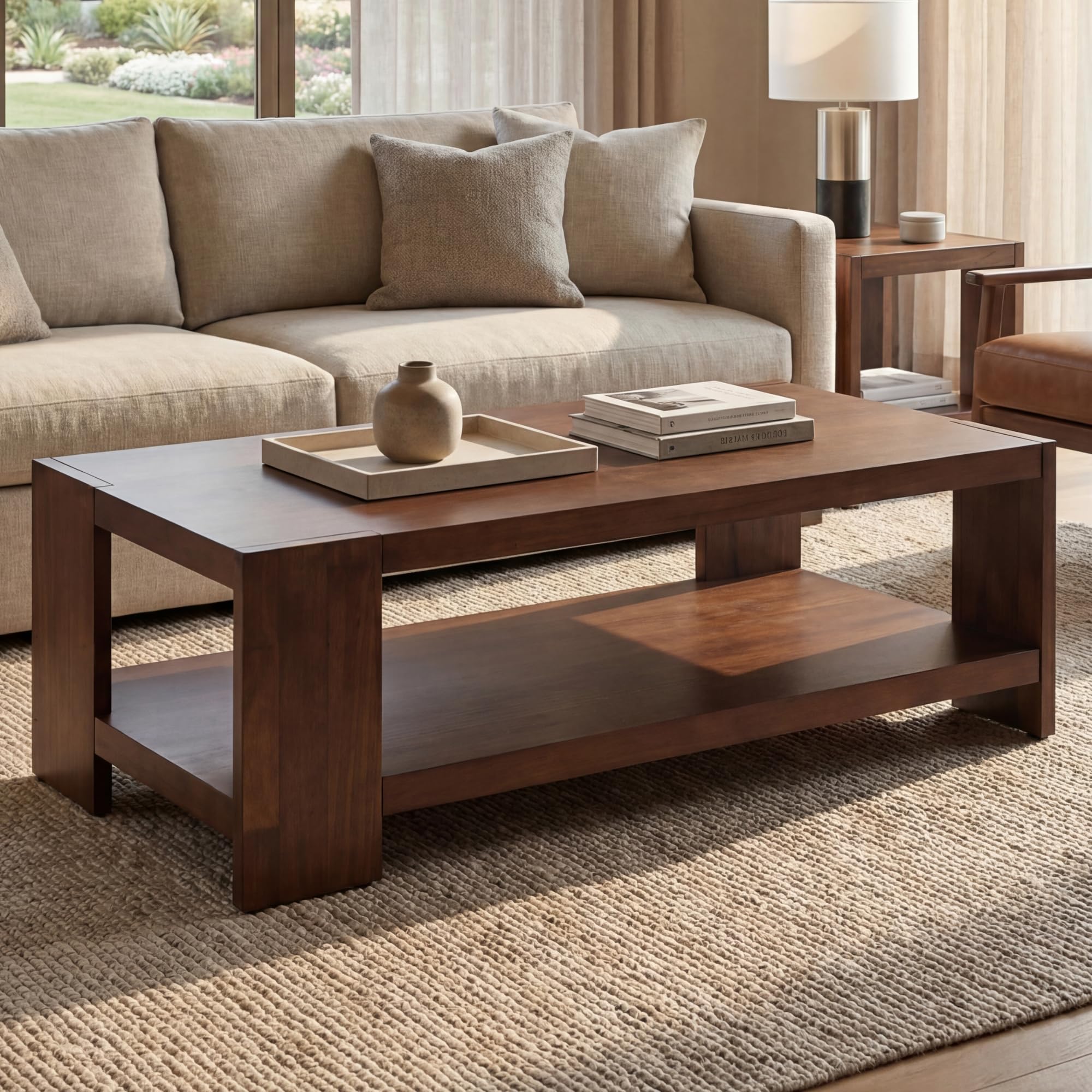 Wood Coffee Table for Living Room 47 Rectangular Coffee Table with 2-Tier Storage Shelf Rustic Center Table for