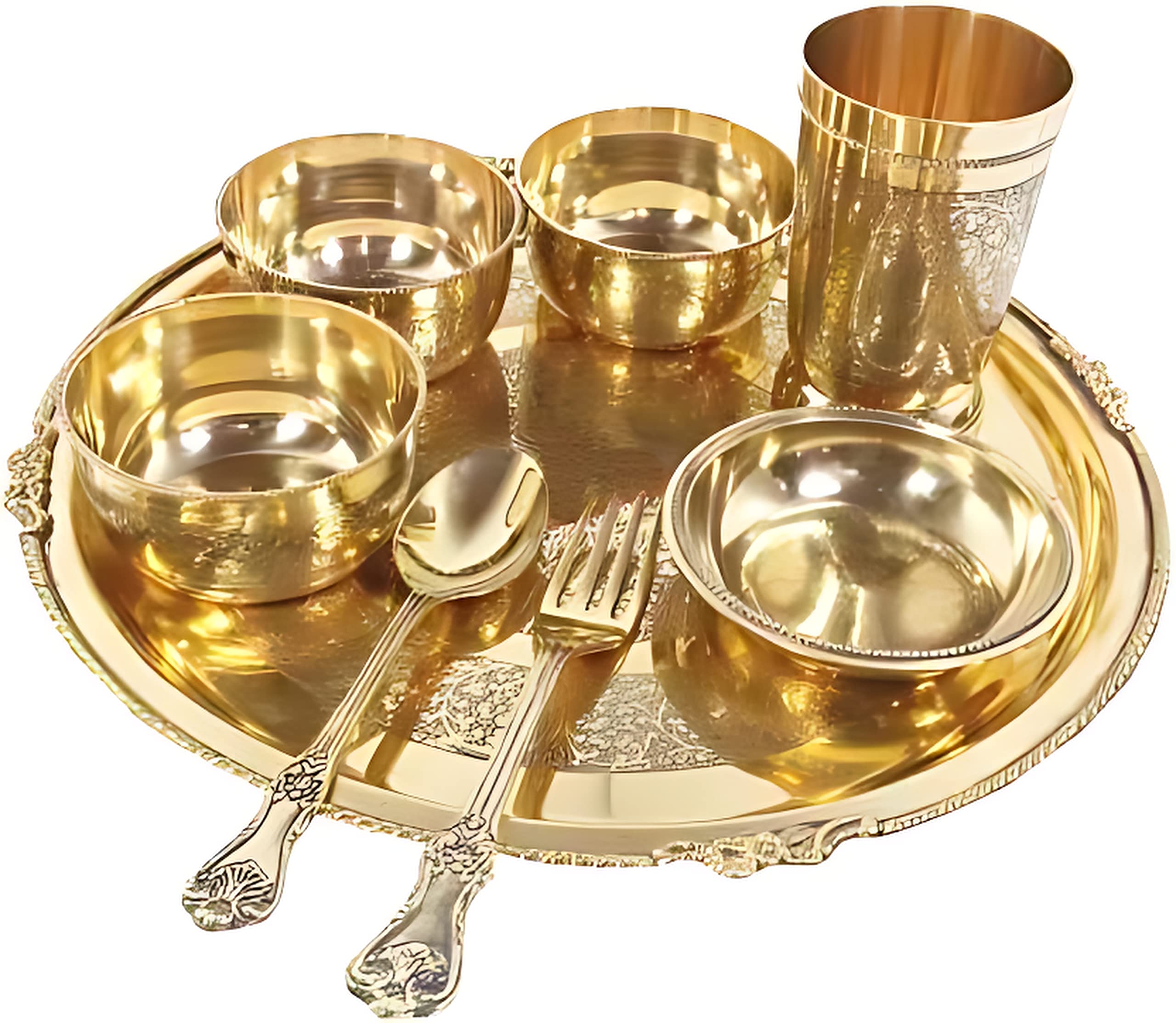 Brass Floral Premium Dinner Set Brass Thali Set Luxury Spoon Glass Bowls Golden (8) (Set Of 8)