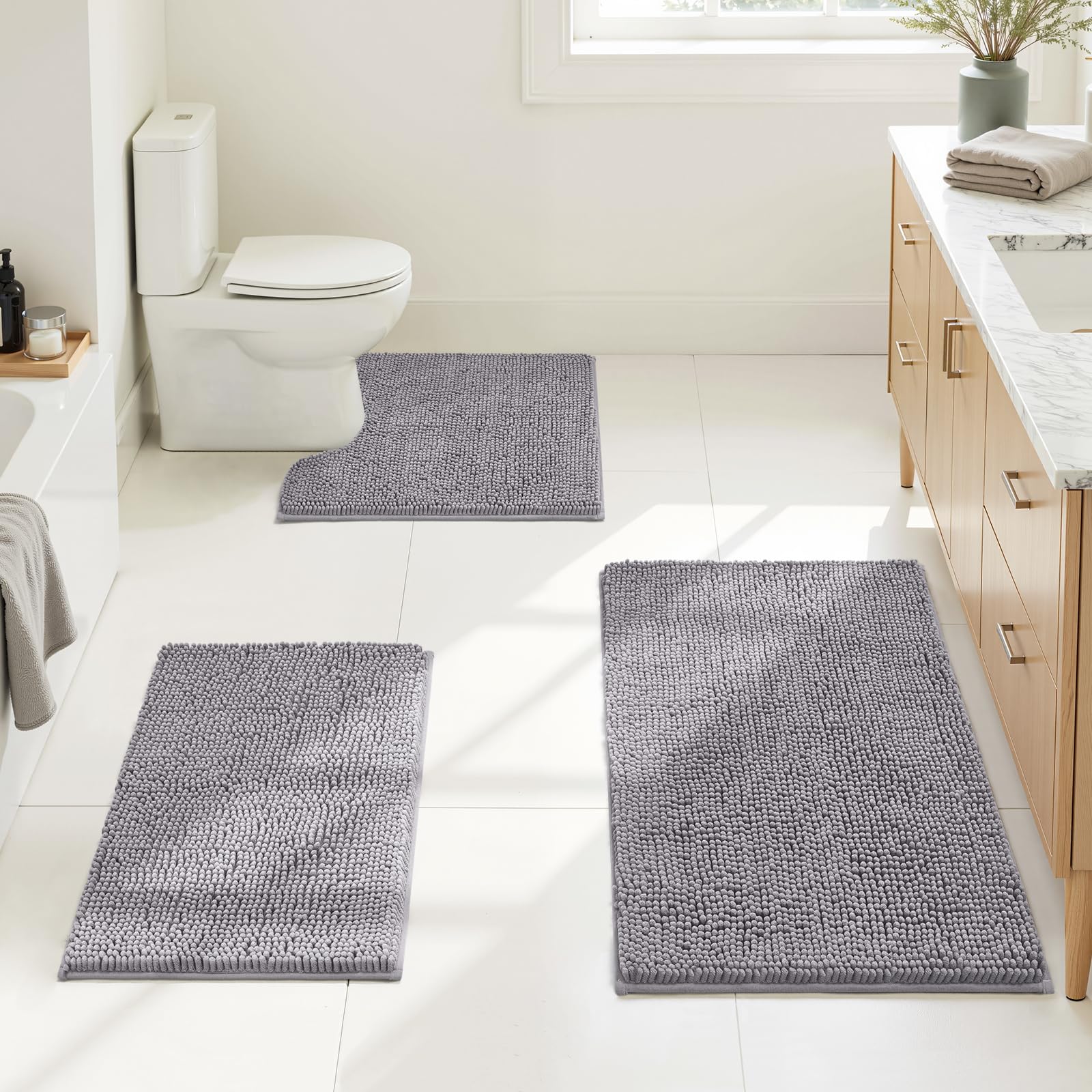 HOMEIDEAS 3 Pieces Bath Rugs Set Chenille Bathroom Door Mats Ultra Soft Non-slip and Absorbent Plush for Tub