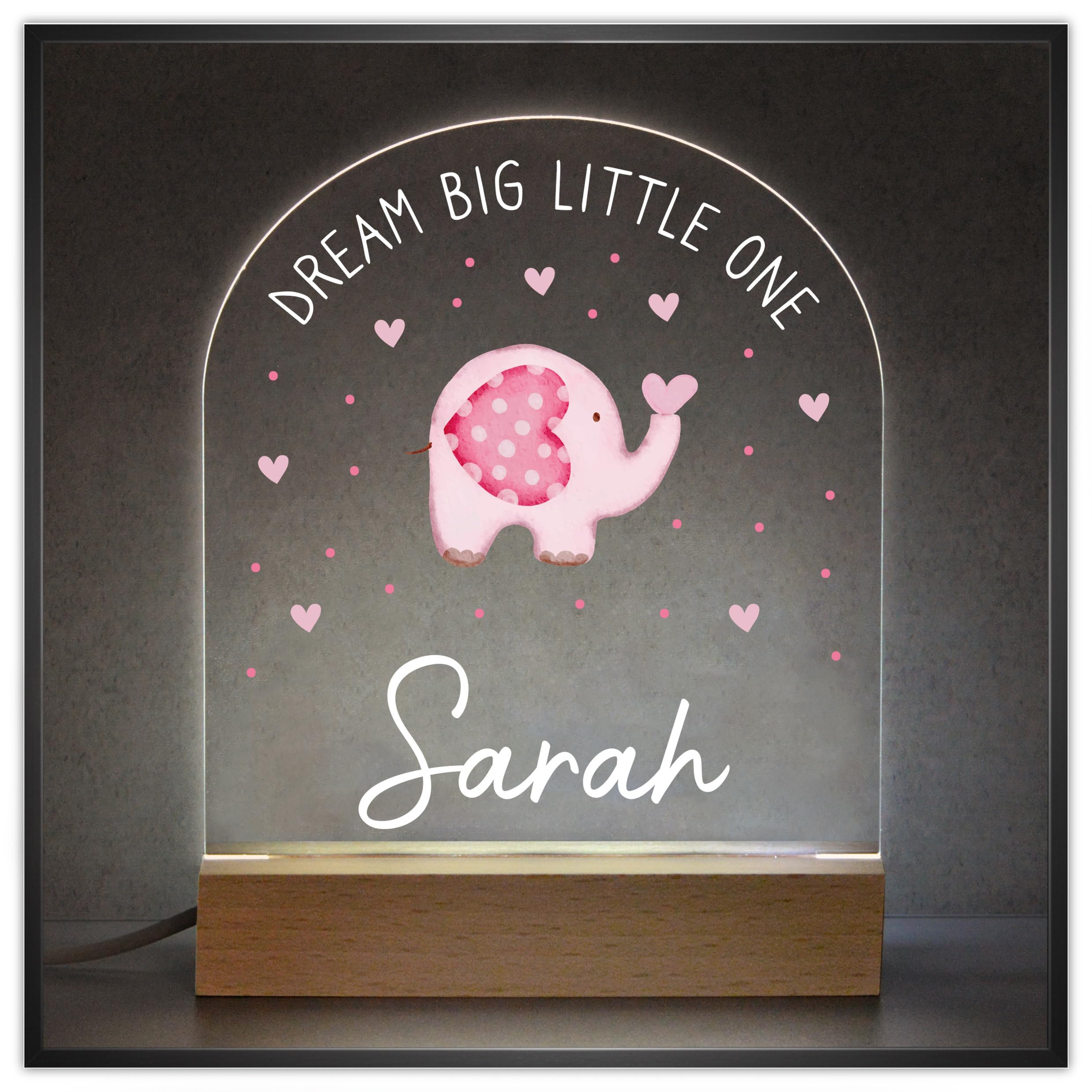 Beecreative Girls Bedroom Night Light with Childs Name - Dream Big Little One - Girls Nursery Sleep Light - Personalised LED Night Light - Pink Elephant Nursery Decor