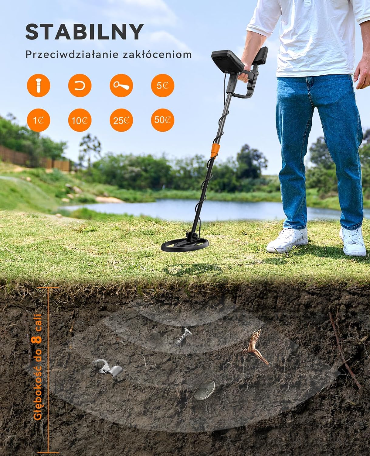 Metal detector showing detection depth underground with various metal objects.