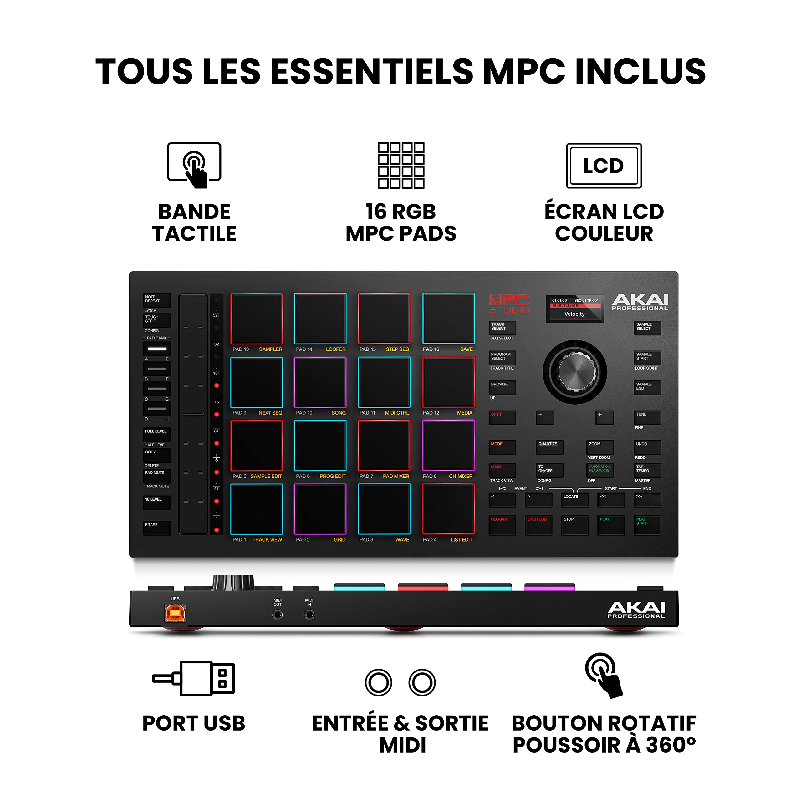Akai Professional MPC Studio - Contrôleur MIDI Beat Maker avec 16 pads RVB sensibles à la vélocité, logiciel MPC, Touch Strip assignable et écran LCD