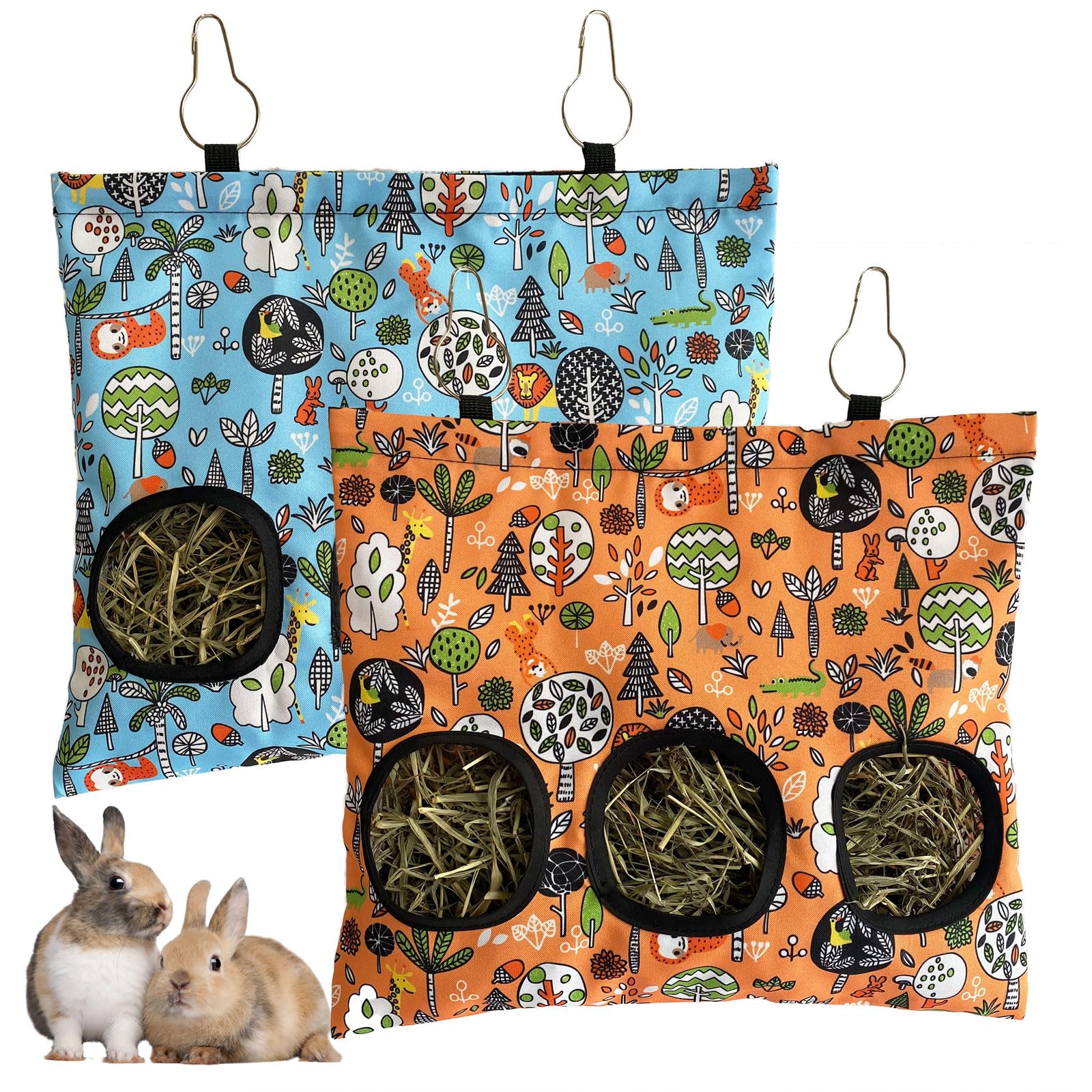 Rabbit Hay Feeder Bag, Guinea Pig Hay Feeder for Cage Small Animal Hanging Feeding Bags Rabbit Hay Dispenser Storage for Rabbits Guinea Pigs Bunnies Chinchillas (Orange,Light Blue, 3 Hole)