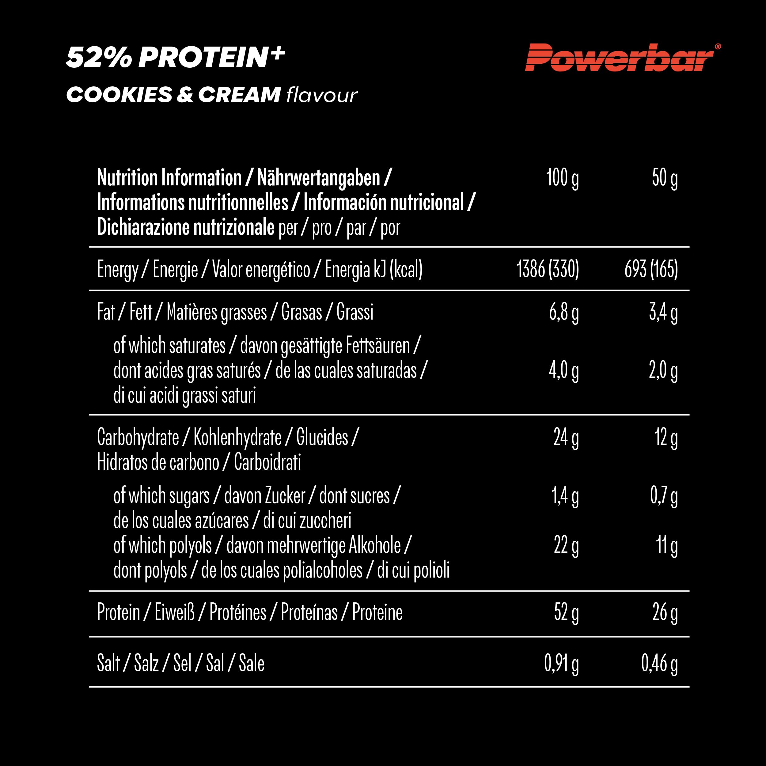 Powerbar - 52% Protein Plus - Cookies&Cream - 20x50g - Barrita rica en proteínas - Baja en azúcar