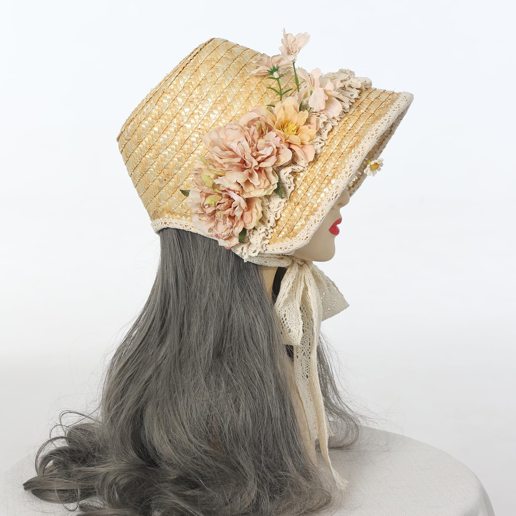 CAMDOM Sombrero Victoriano para Mujer, para Fiesta de té, con Lazos, Flores, Sombrero de Paja Plano, Color marrón