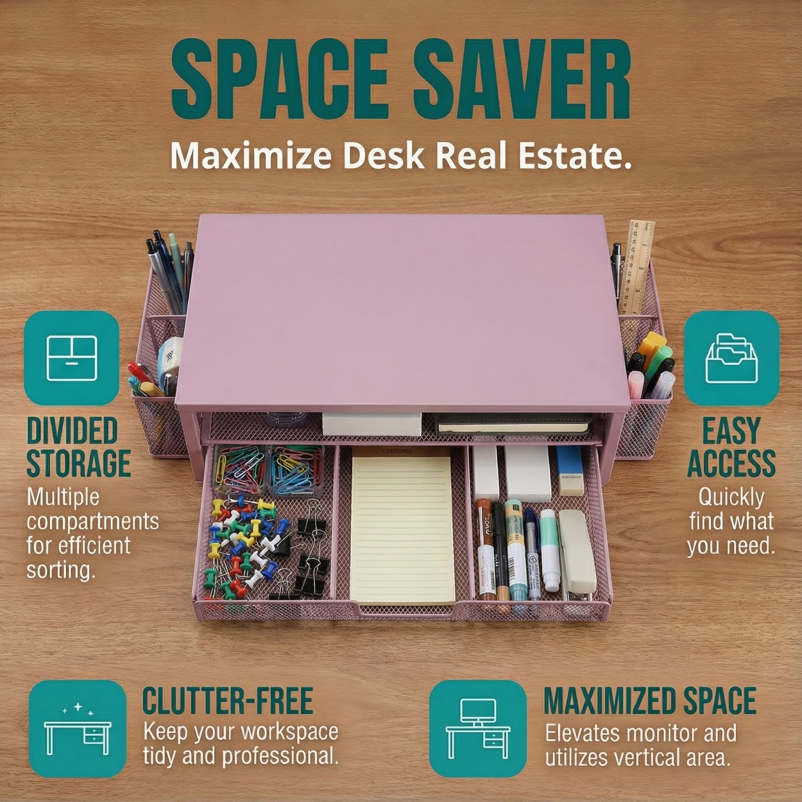 Supporto per monitor con cassetto e portapenne per scrivania, supporto metallico a 2 livelli per laptop da scrivania, organizer da ufficio per PC, stampante e laptop.