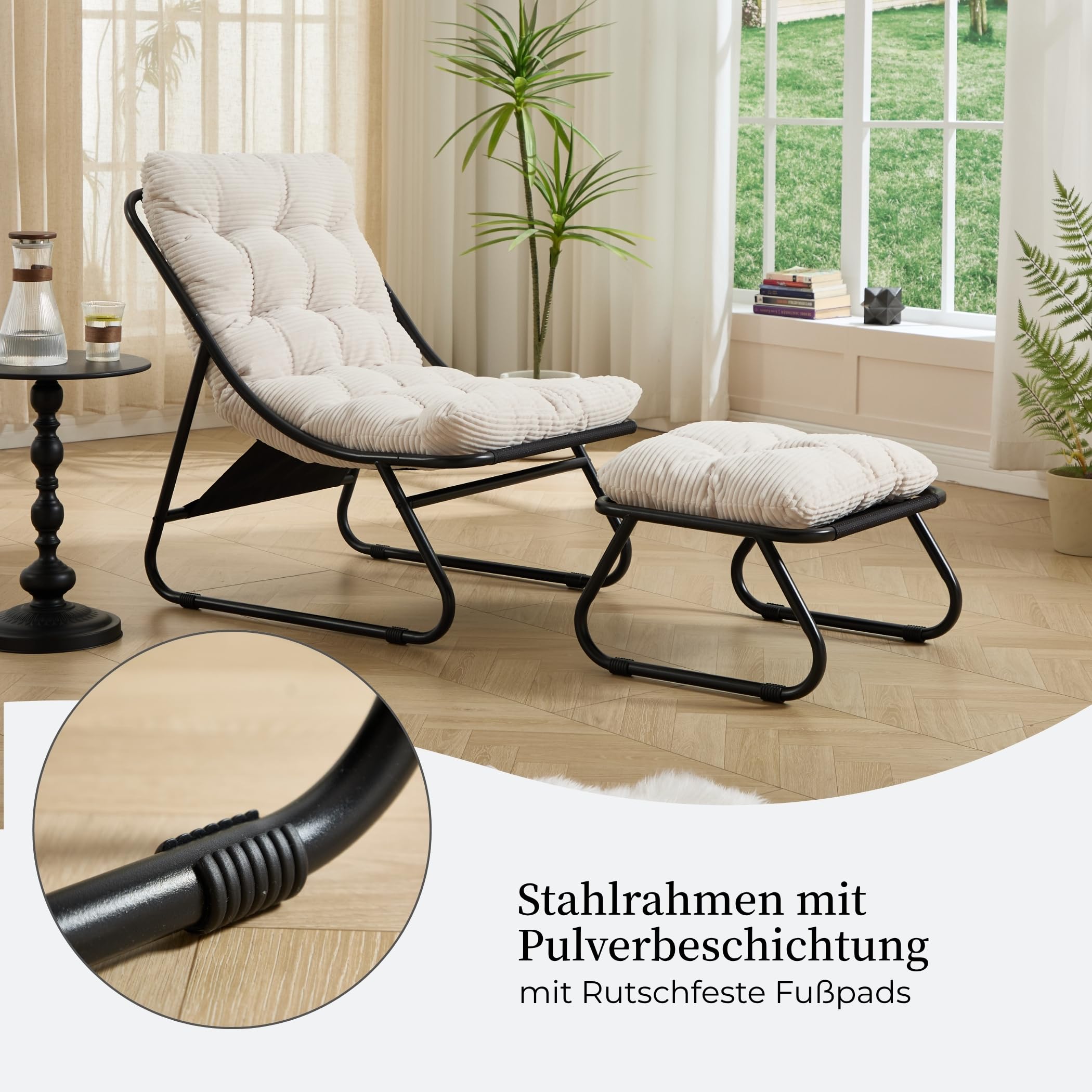 Loungesessel mit Ottoman, Liegestuhl & Relaxsessel aus Stahl, mit separatem Kissen und rutschfesten Fußpolstern – Outdoor Gartenstuhl für Entspannung im Freien, Garten & Balkon (Cremeweiß, Cord)
