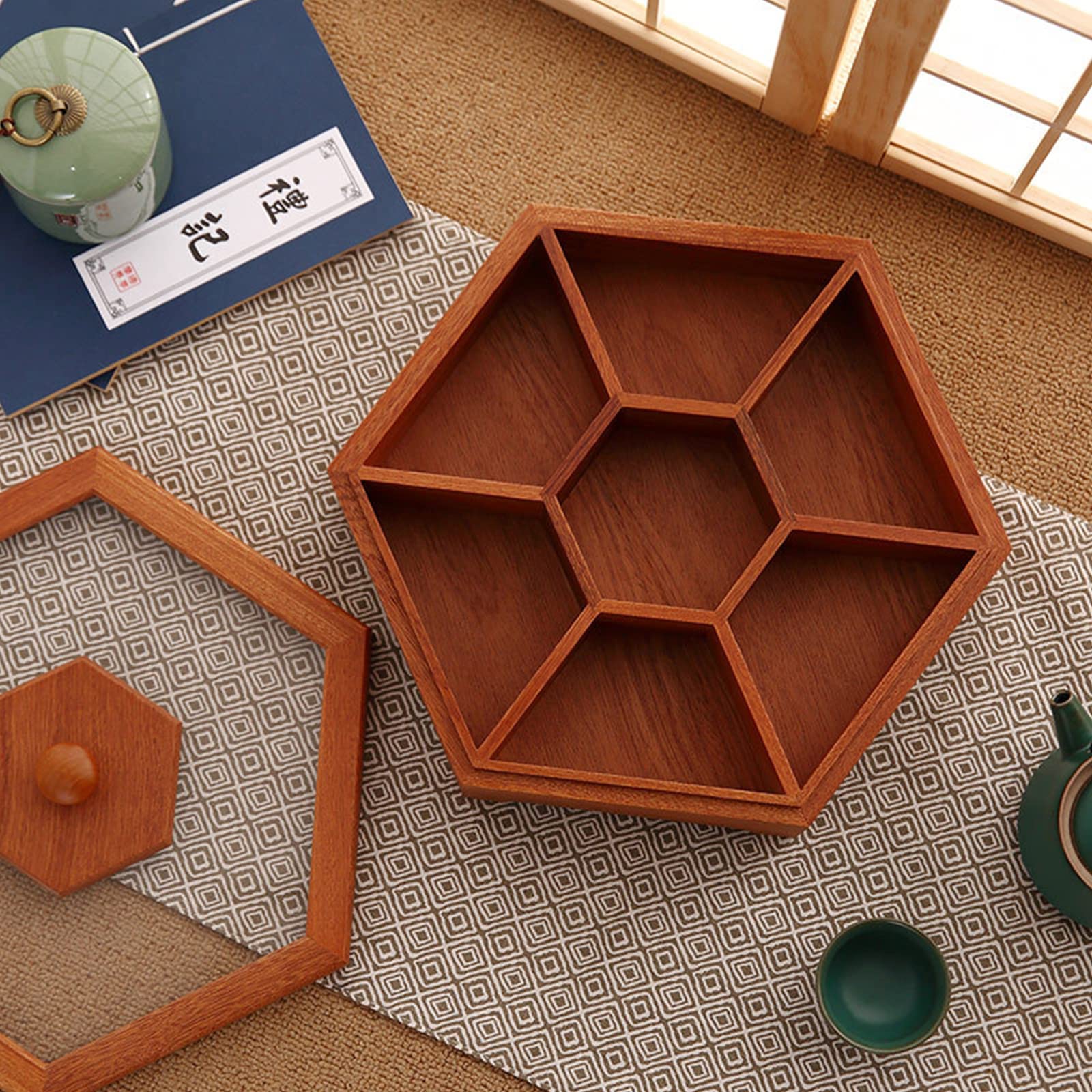 XANHOY Solid Wood Box Chinese Divided Grid Dried Fruit Tray Vintage Ornament For Home Living Room Candy Nut Melon For Case Wood Vintage Boxes For Adults, Square Trumpet