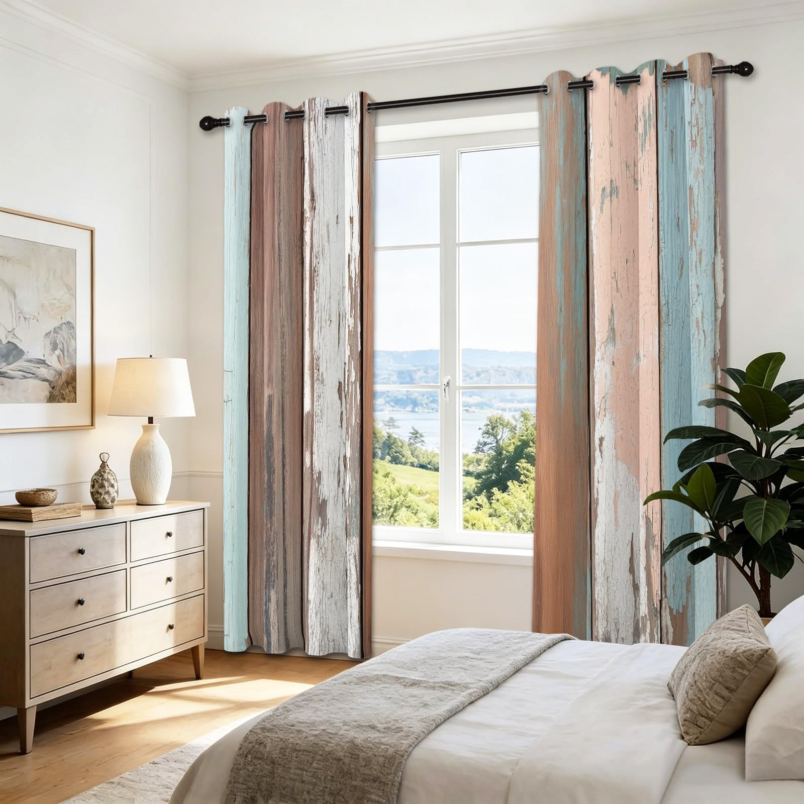 Style Industriel Rideau Occultant 70 x 240 cm avec Oeillets, Planches De Bois Qui S'Écaillent Grain du Bois Imprimer Isolation Thermique Insonorisée Brun Fenêtre Rideaux pour Salon, 2 Panneaux