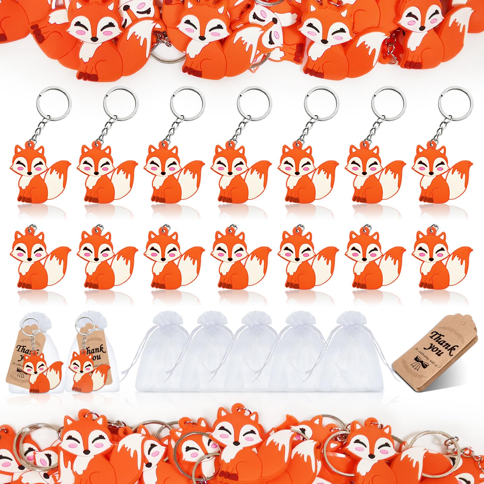 60 Pack Fox Party Favors Include 20 Fox Keychains, 20 Thank You Tags, 20 Gift Bags for Woodland Party, Camp Baby Shower, Stay Clever Themed Kids Birthday, Wild ONE First Birthday