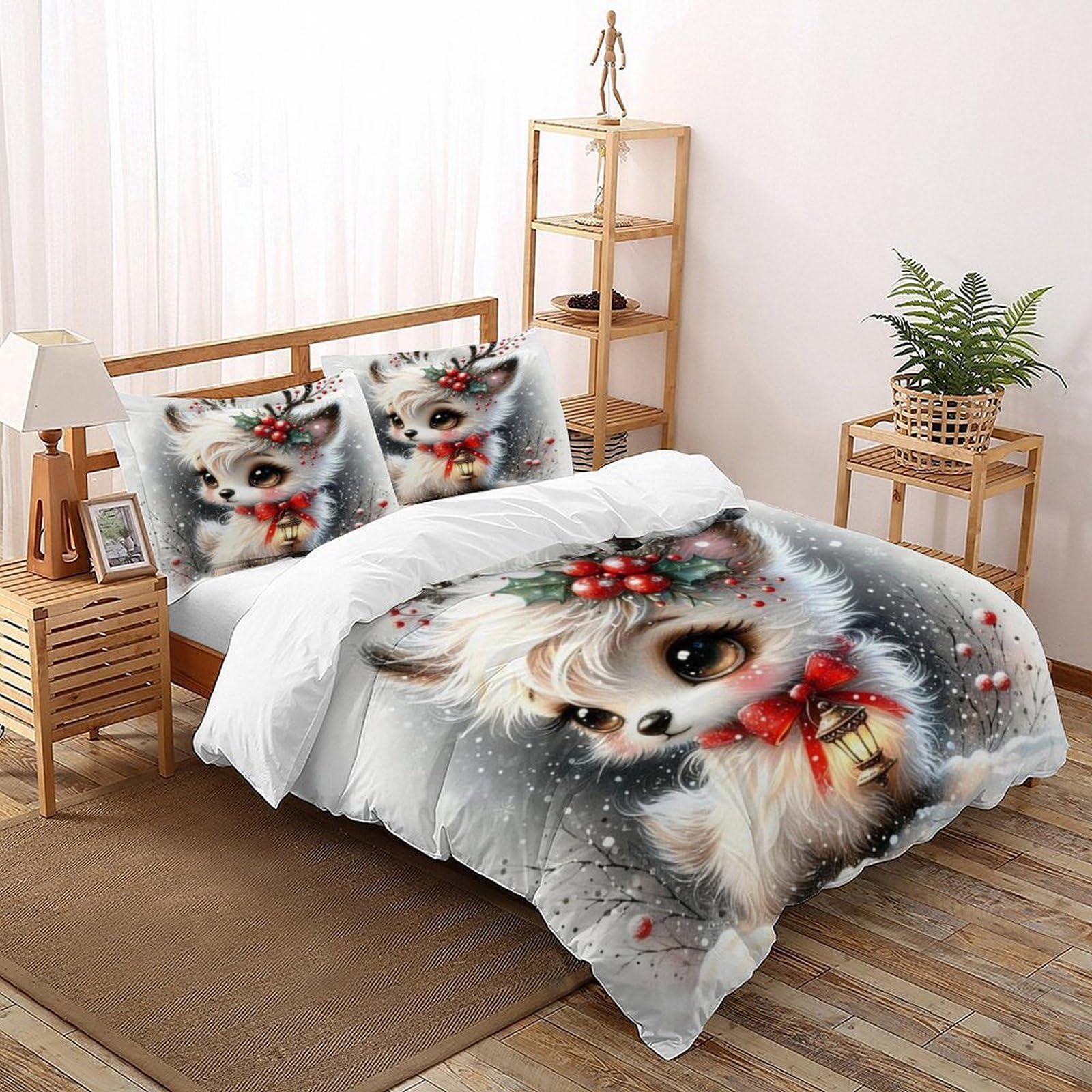 Cute Deer Christmas Bedding Set Theme Bedspread Animal Theme Duvet Cover Set 3 Pieces Chic Breathable Comforter Cover Universal for All Seasons with Pillowcase Super King（260x220cm）