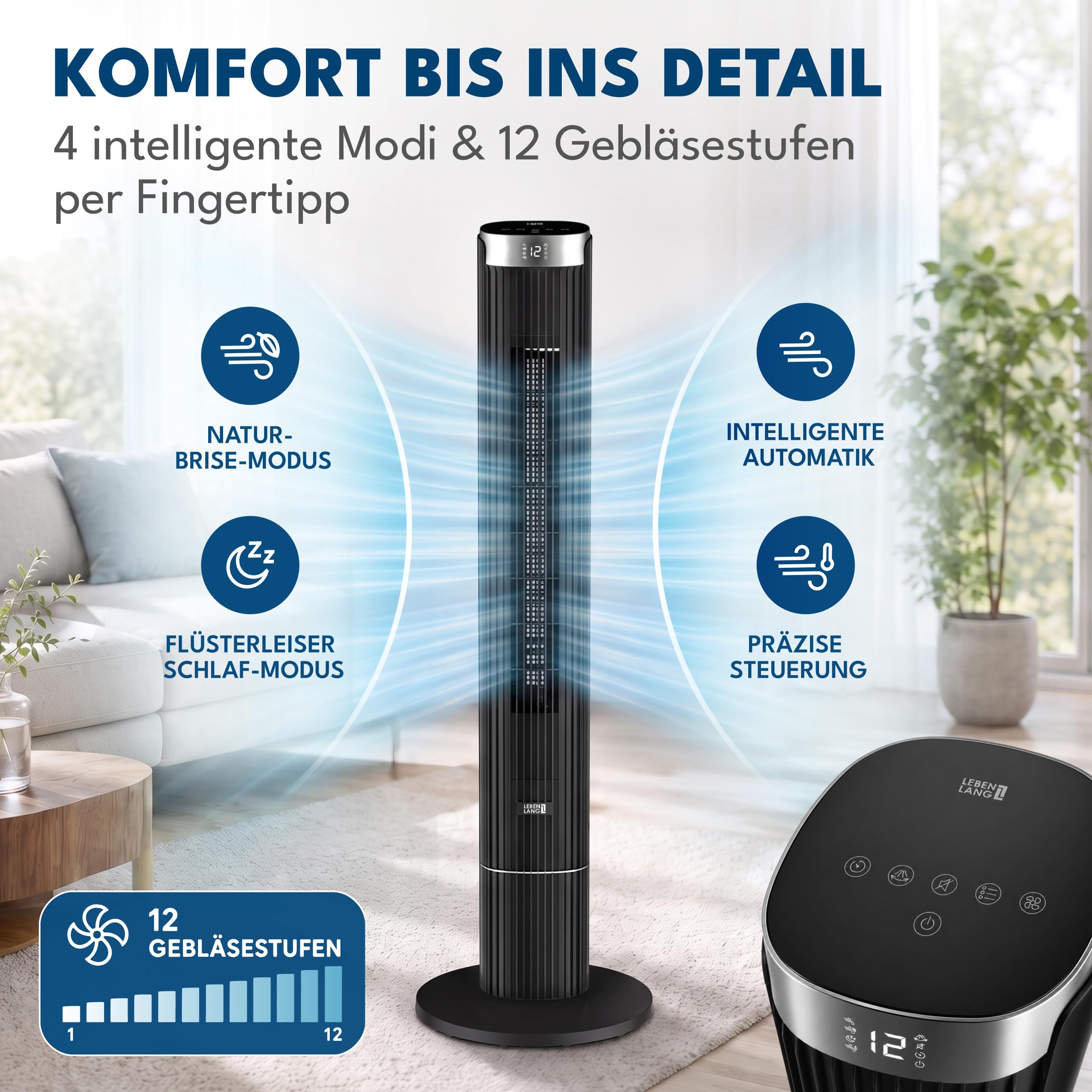 LEBENLANG Turmventilator Sehr Leise 19,8 dB(A) - 4 Modi & 90° Oszillation | Ventilator Leise Schlafzimmer Ventilator mit Kühlung Standventilator Ventilatoren Air Cooler Tower Fan I 12 Geschwindigkeiten