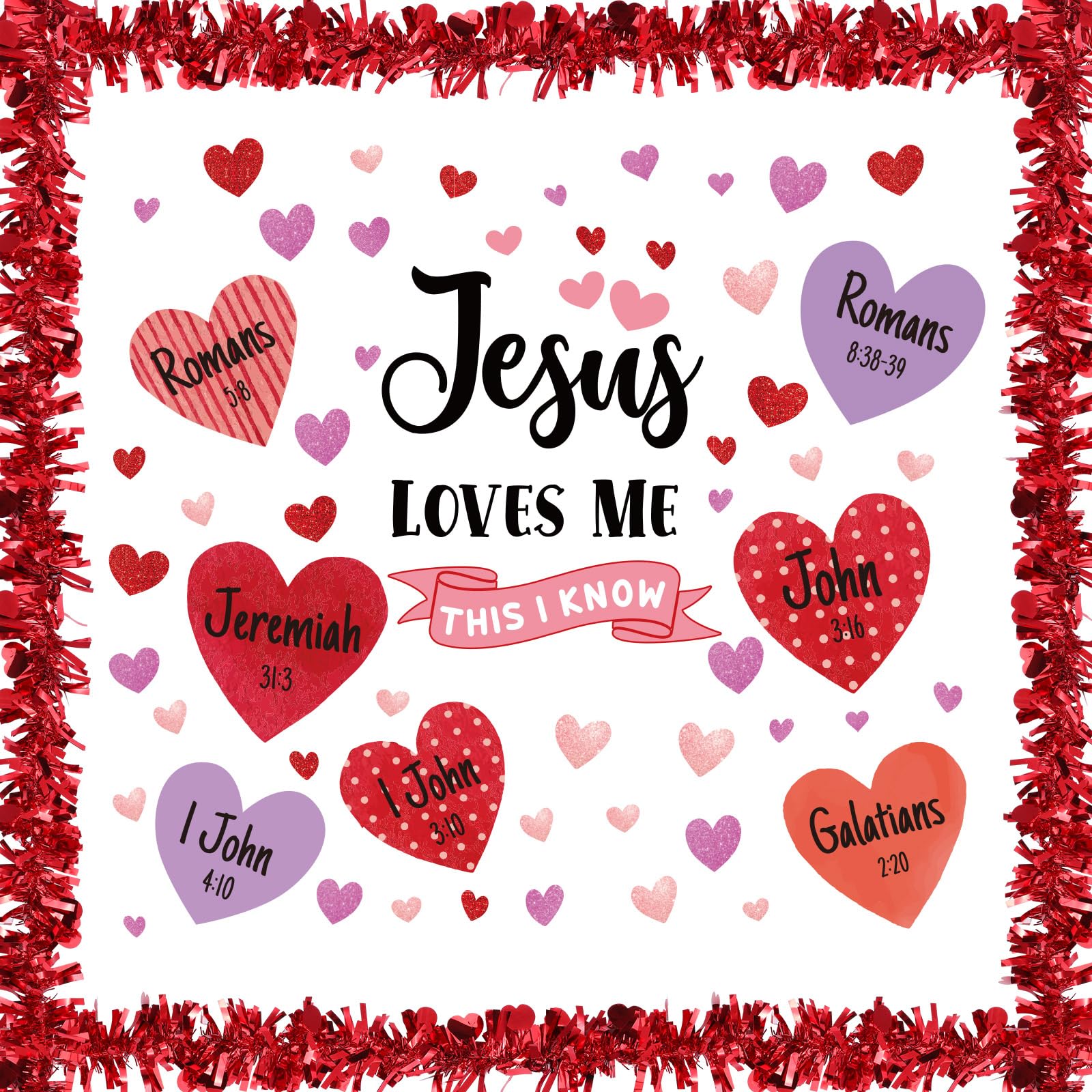 Fuutreo 57 Pcs Easter Christian Bulletin Board Set Religious Jesus Loves Me This I Know Heart Cutouts with Tinsel Twist Garland for Sunday School