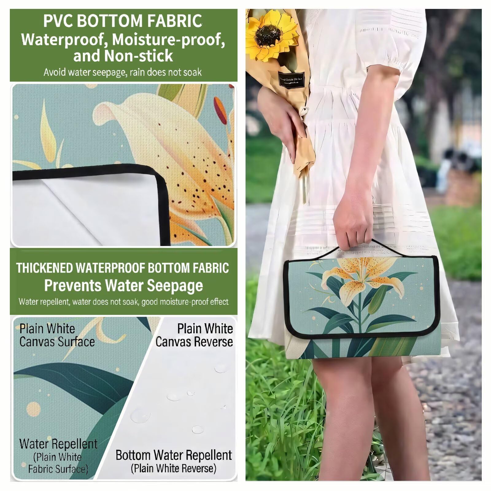 Couverture Pique Nique Grande 200x300cm,Outdoor Couverture Imperméable,Pliable Tapis de Plage Dos en PVC,Picnic Blanket pour Camping Accessoires,Jardin,Parc,Famille - Couleur œuf de Canard,lys UZ-301