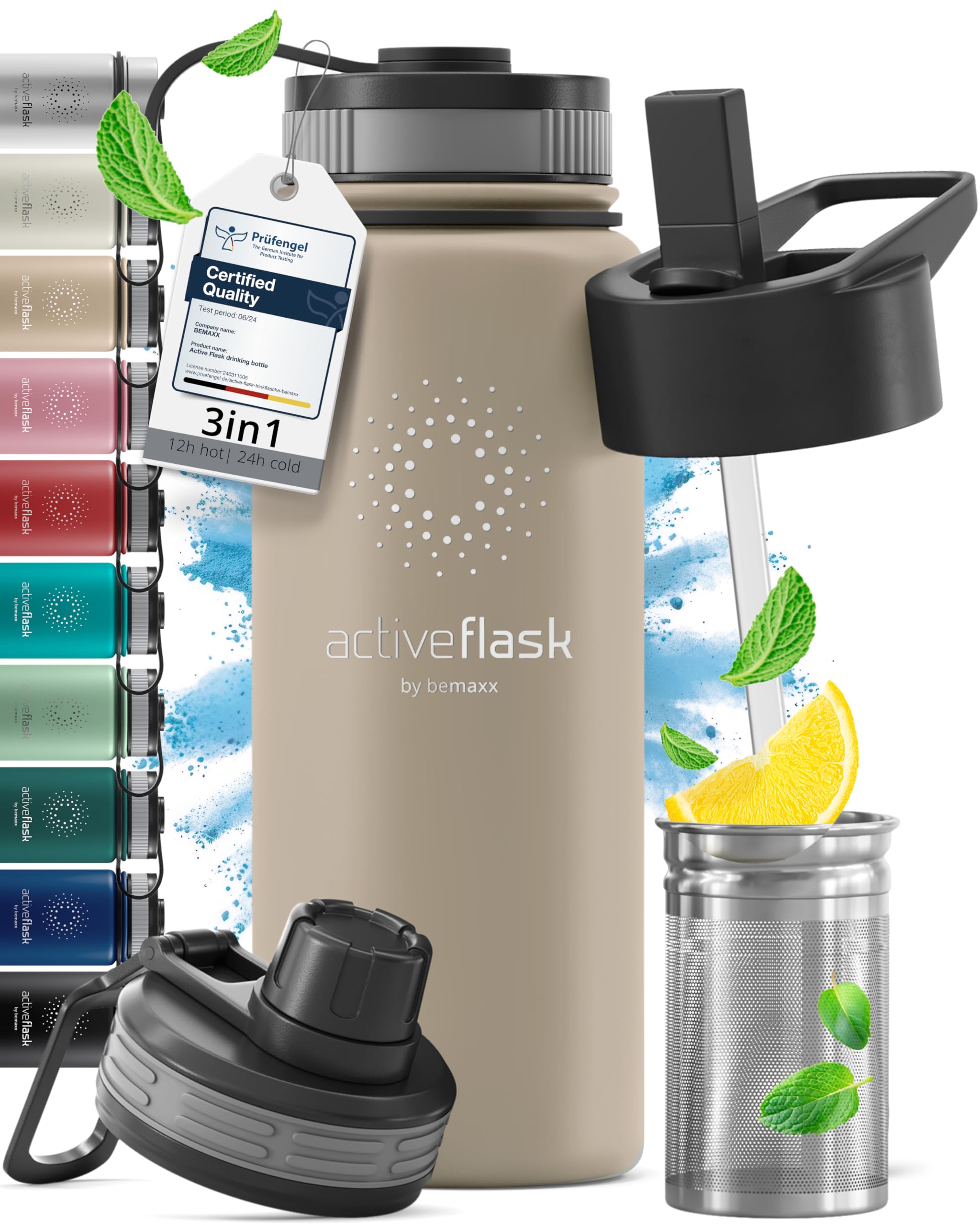 Trinkflasche Edelstahl ACTIVE FLASK + Strohhalm (3 Deckel) BPA-frei, Auslaufsicher, Kohlensäure geeignet - Wasserflasche Fahrrad Thermosflasche Isoliert Isolierflasche Sport Wasser Flasche Kinder Tee