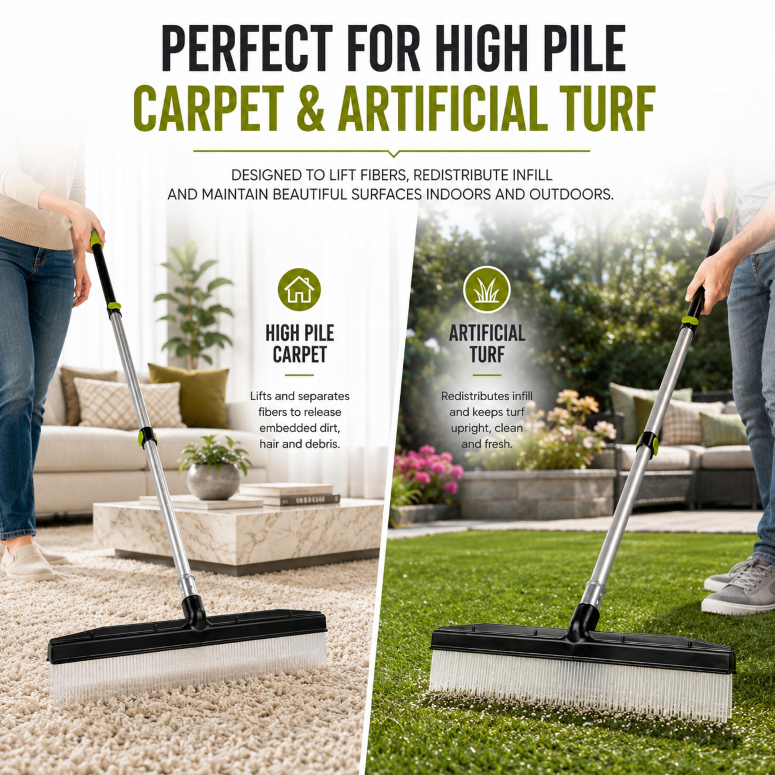 Râteau à Tapis et toiletteur avec poignée télescopique réglable de 137 cm, Design Portable, Brosse à Moquette, idéale pour Les Poils d'animaux, Les Tapis à Poils Longs, Les Tapis et Le Gazon