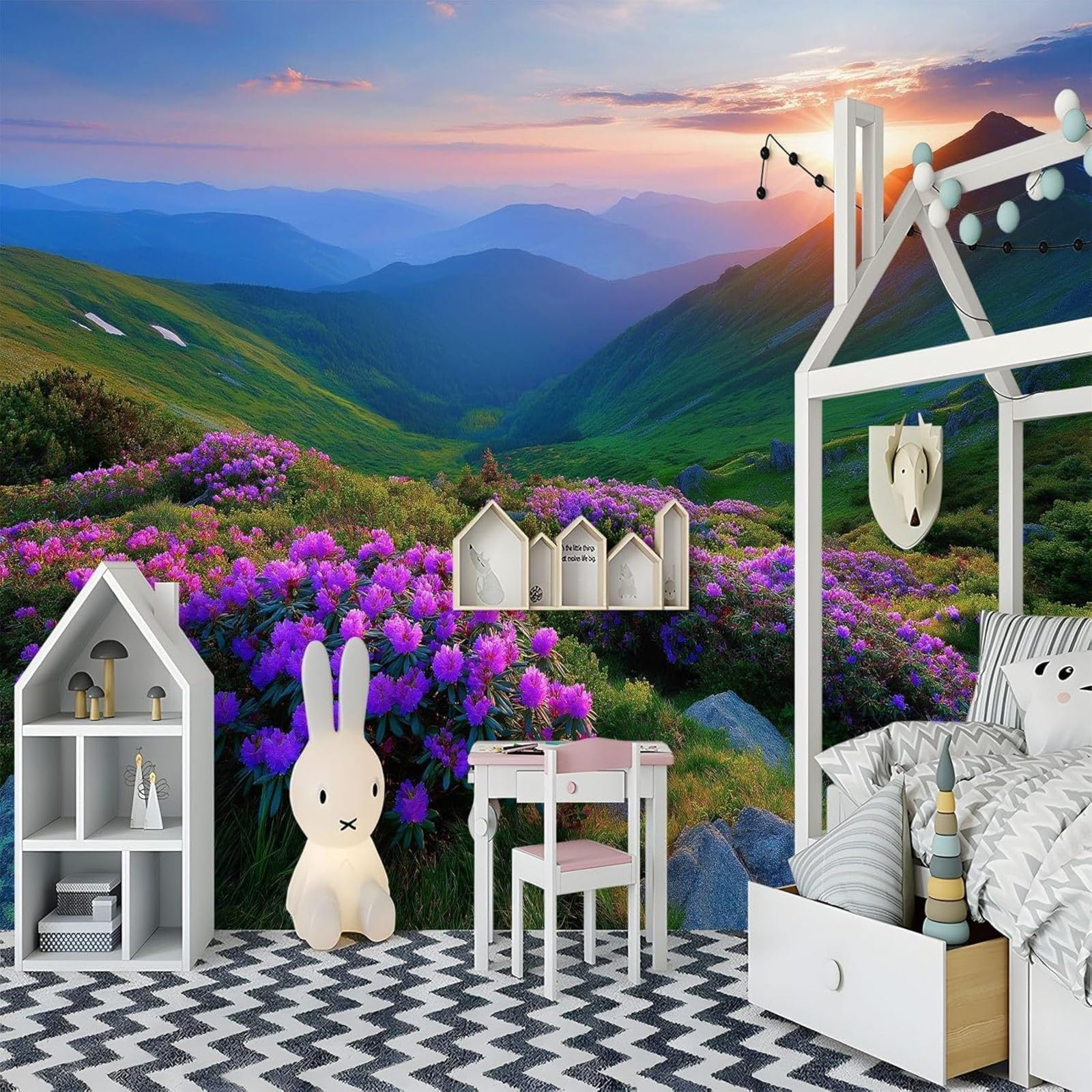 Photo wallpaper with a sea of flowers and plants in 3D effect, sunset and mountains, multicolored non-woven wallpaper for living room, bedroom, TV background, 300cm x 210cm. Stickers - Frameless Paint