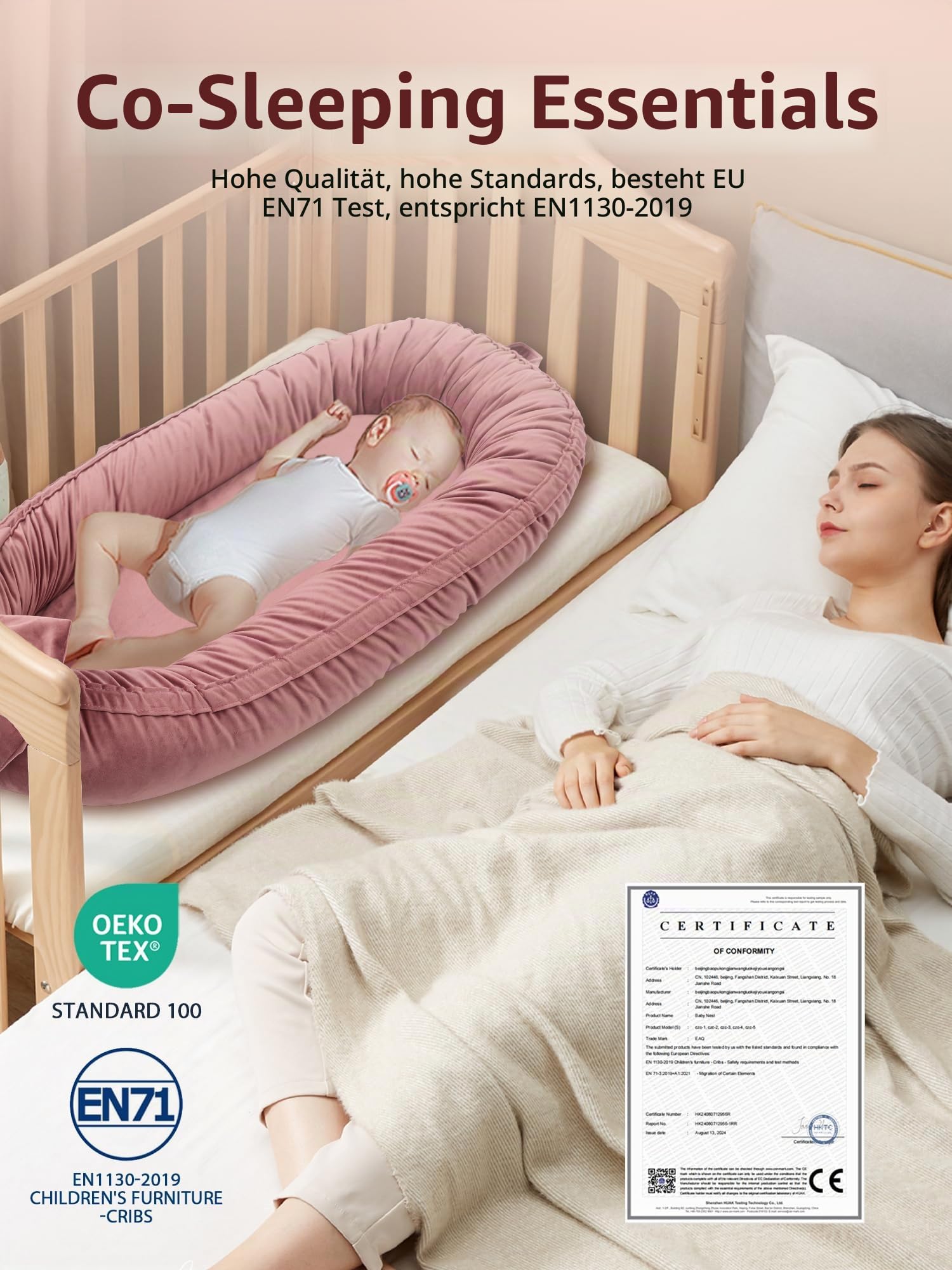 EAQ Babynest Nestchen Baby Weiches Atmungsaktives Babybett für Neugeborene Geschenk Baby Erstausstattung Neugeborene (Bohnenpaste rosa)