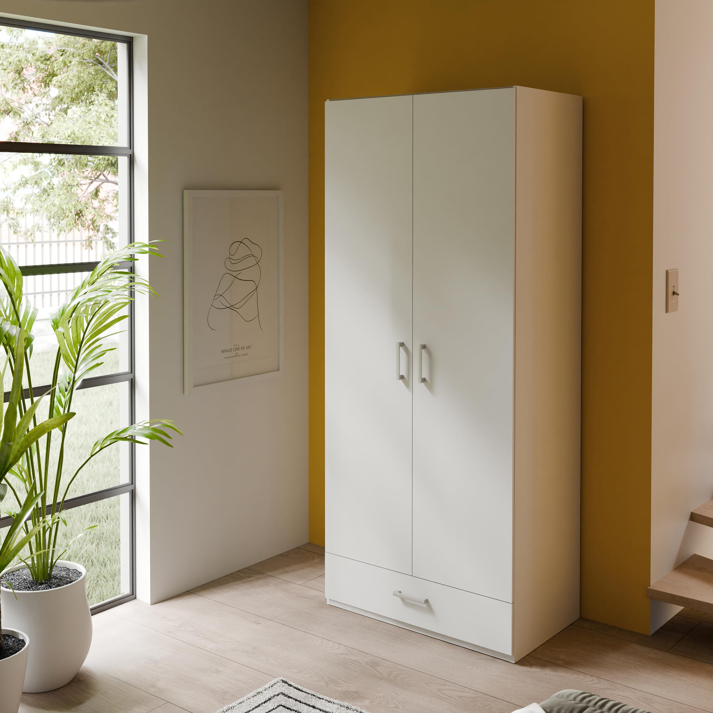 Forte ECONOBOX Armario 90 Clásico Armario con Dos Puertas Giratorias y 1 Cajón Madera Blanco 88,9 cm Ancho 210,5 cm Alto 54,2 cm Profundidad