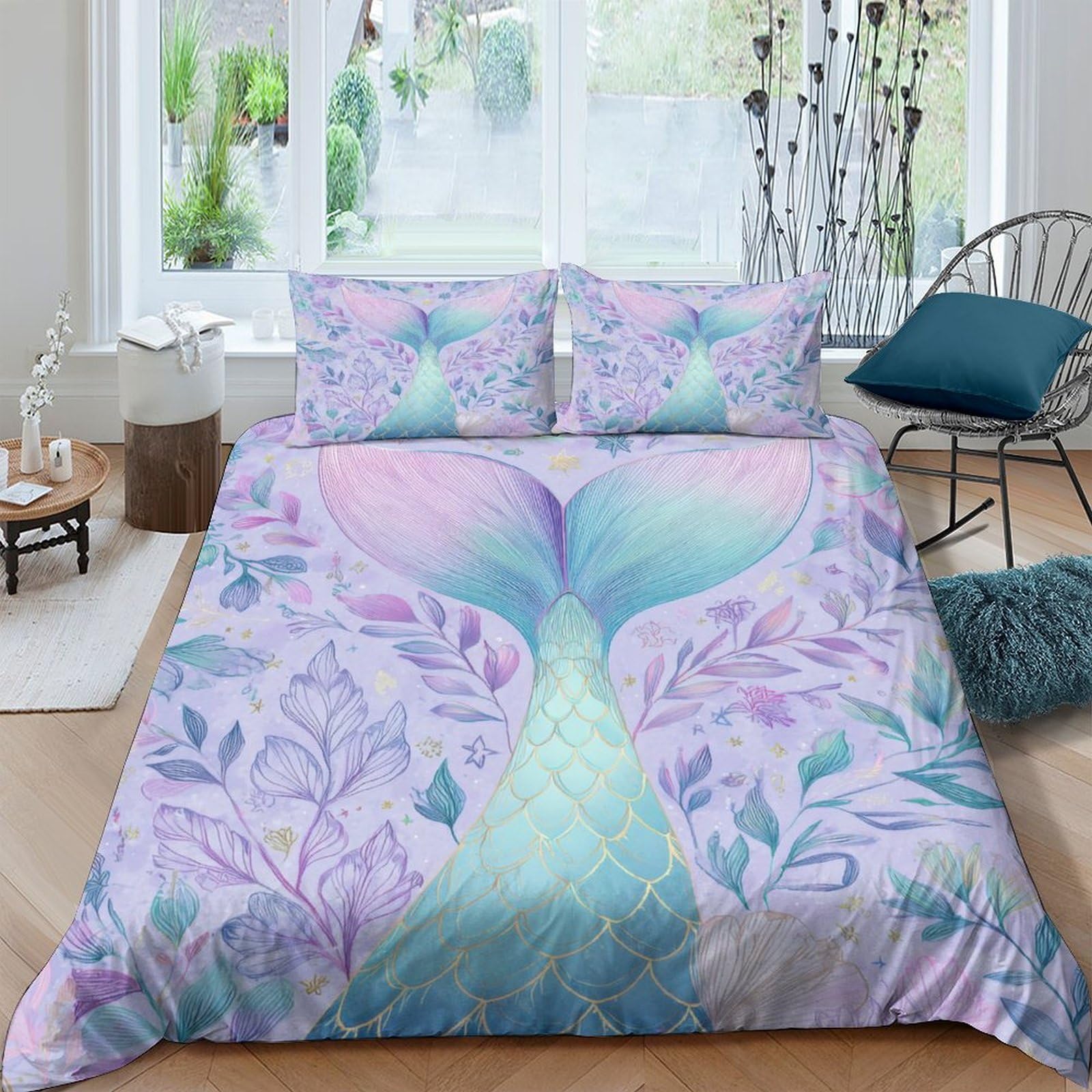 Ctjqhvkz Style-7 3D Printed Mermaid Tail Fitted Sheet Microfiber Soft Pastel Ocean Leaves Bed Cover For Bedroom Guest Room Decor Single（135X200cm）