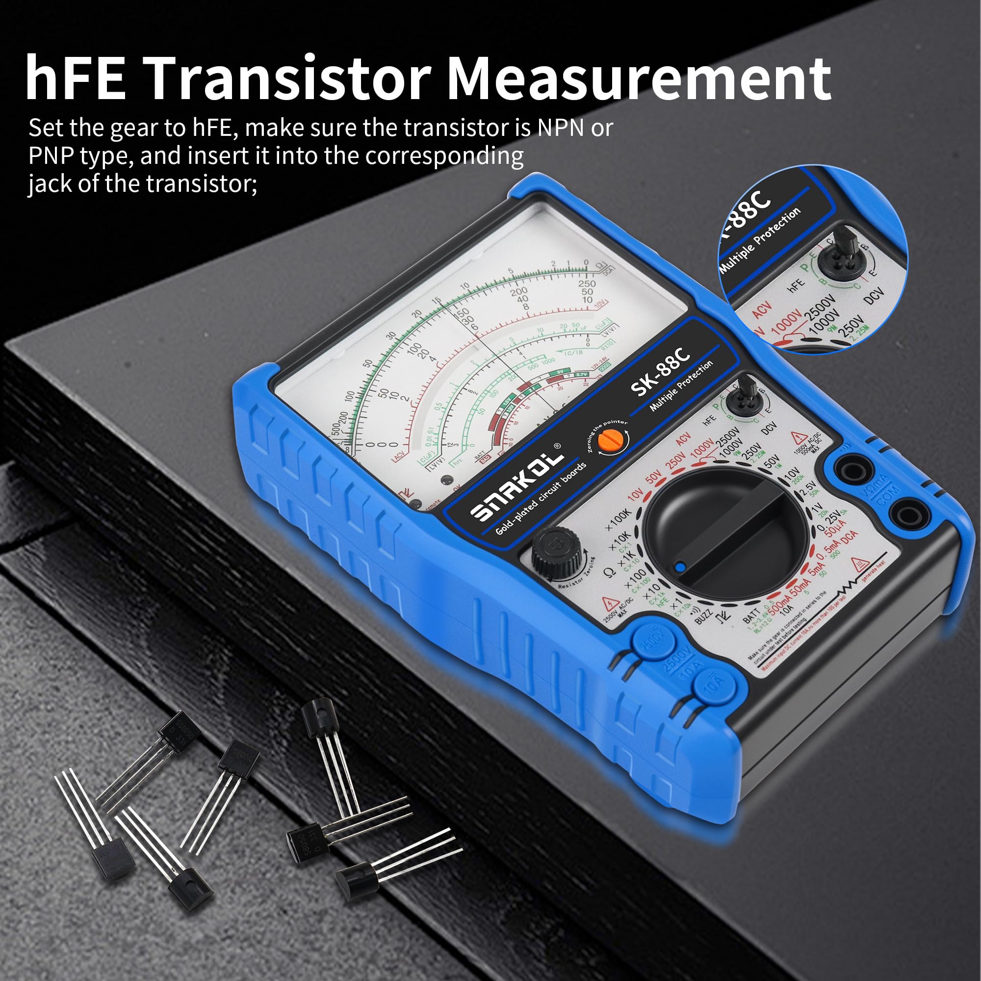Zeiger Multimeter SK-88C Professionelle Analog Multitester,Multifunktions-Messung AC/DC 2500V Volt-Ammeter,Aus Piep Batterie Check mit Mantel Orange
