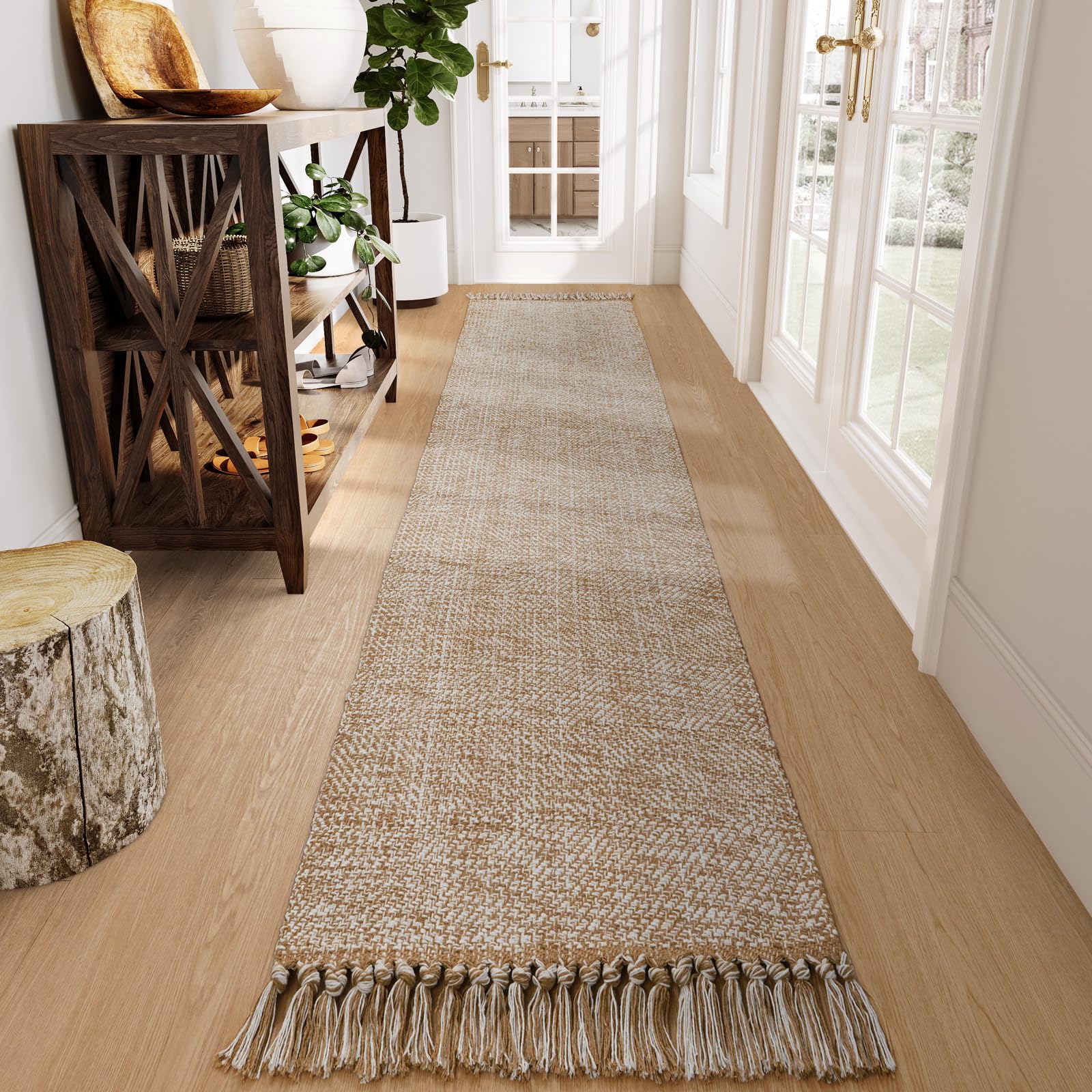 Collive Washable Carpet Runners for Hallway 12ft, Boho Long Rugs for Kitchen Cotton Hand Woven Bedroom Runner Rug Tan/Cream Low Pile Natural Floor