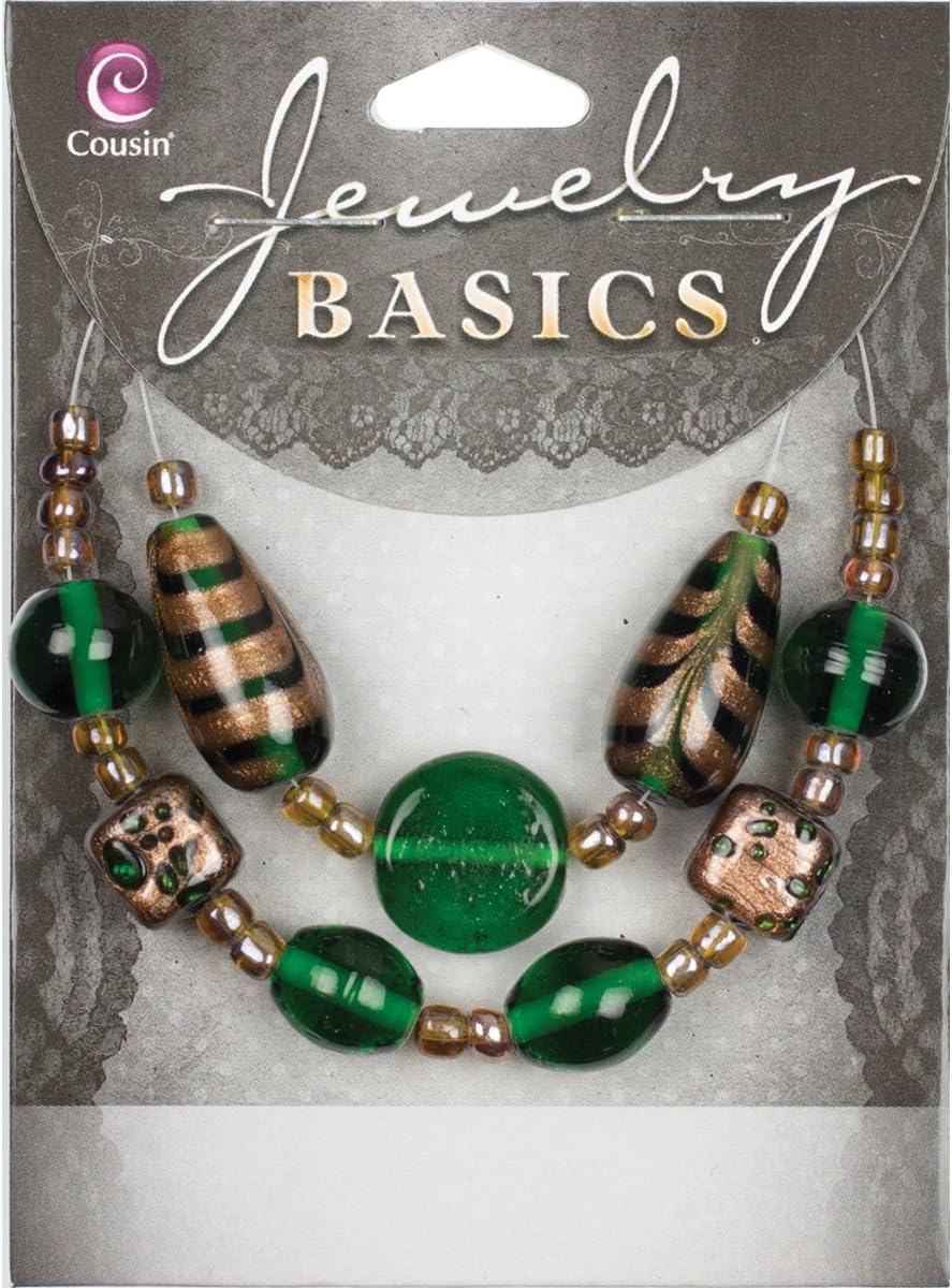 Cousin Jewelry Basics Glass Bead Mix, Green and Gold Swirl, 9-Pack