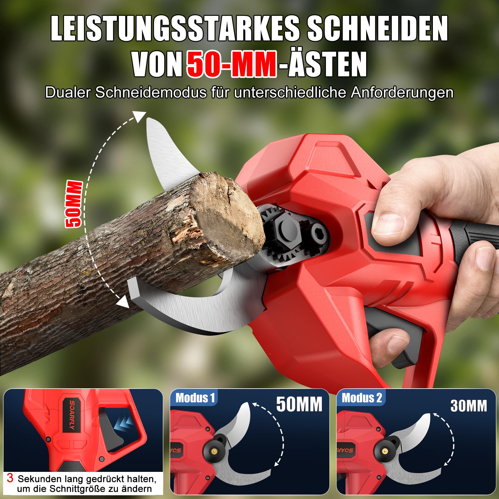 SOARFLY Akku Astschere 50mm, Elektrische Gartenschere mit 2 Akkus, Leistungsstarke Astschere Akku für Obstbäume Garten und Sträucher, Kabellose Gartenschere mit SK7 Klinge und Sicherheitsfunktion, Rot