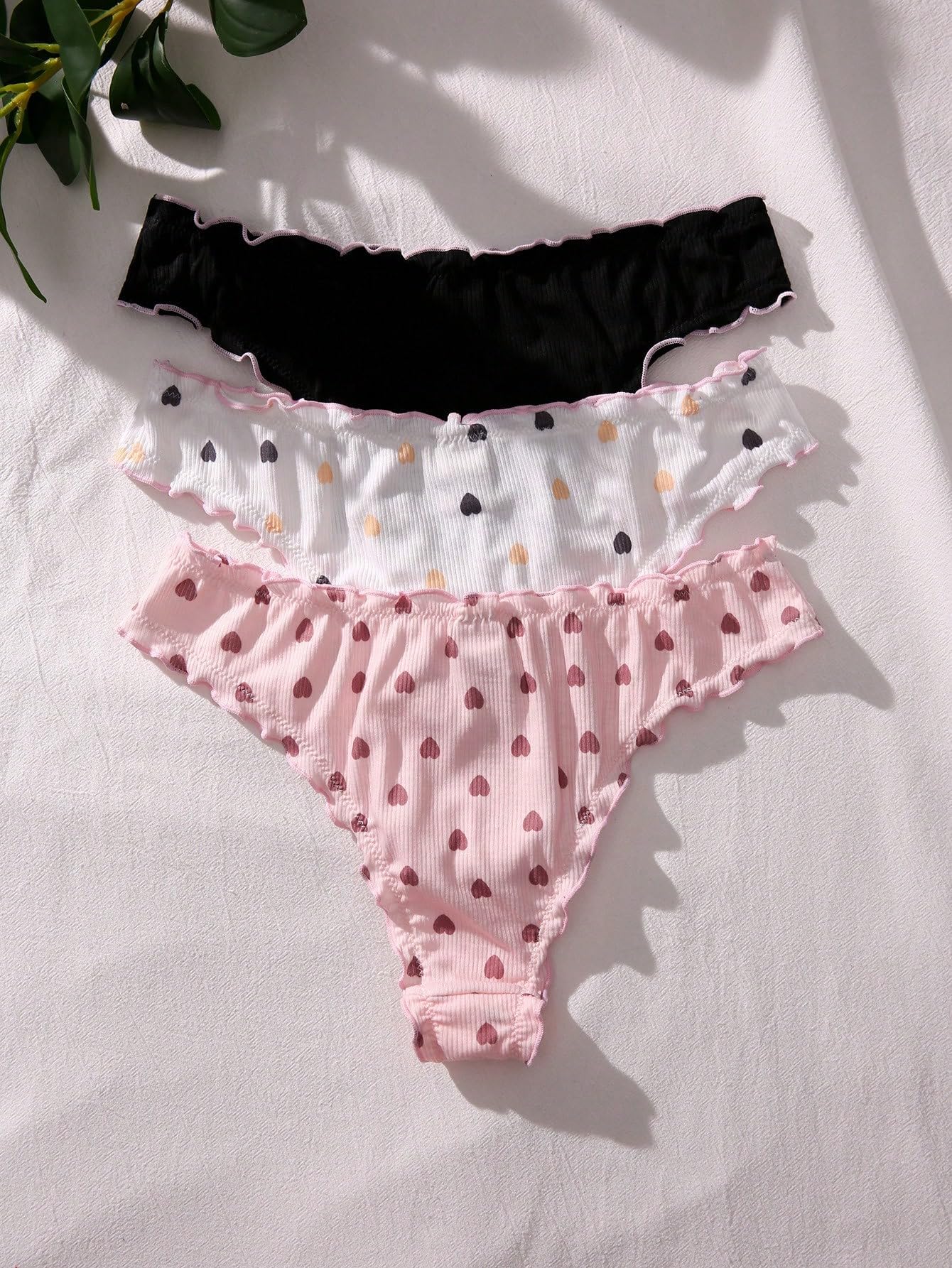 SHENHE Women's 3 Packs Frilly Panties Vintage Style Heart Print Mid Rise Ruffle Cute Panties Underwear: Small Black White Pink