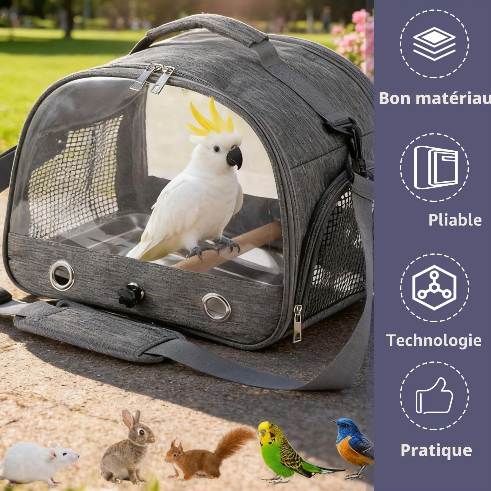 Sac de transport pour oiseaux, avec perchoir et plateau en acier inoxydable, boîte de transport pour oiseaux, perméable à l'air, pour perruches, perruches, petits animaux, boîte de transport pour
