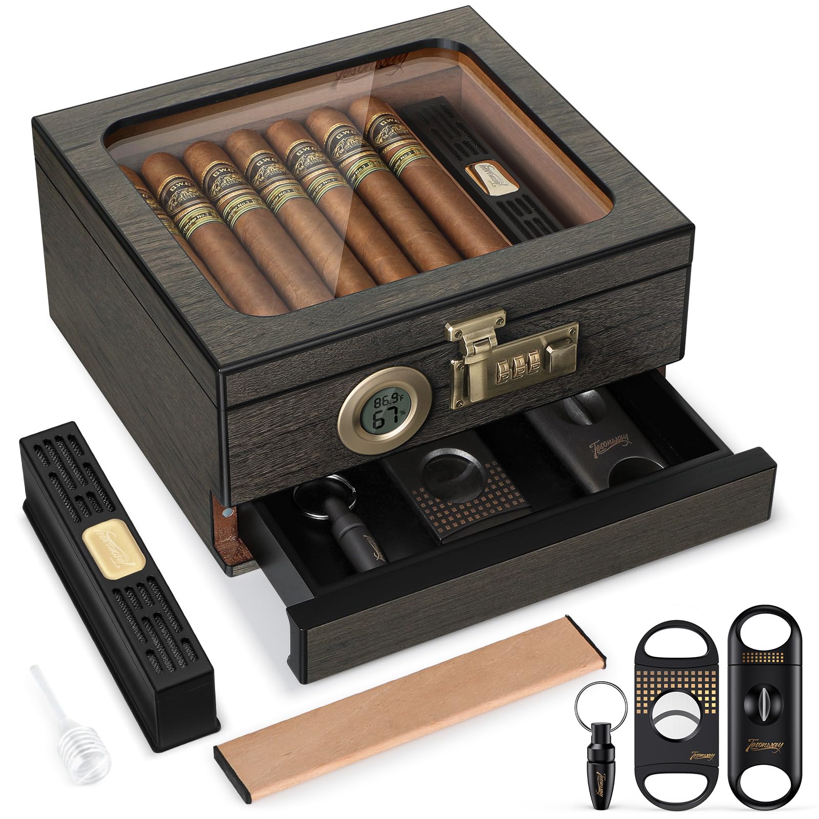 Tesonway Cigar Humidor,Cedar Wood Humidor Cigar Box,Glass Top Desktop Humidor with Digital Thermo-Hygrometer,Humidifier,Divider,Accessories Drawer and Combination Lock,Cigar Gift for Men(Dark Gray)