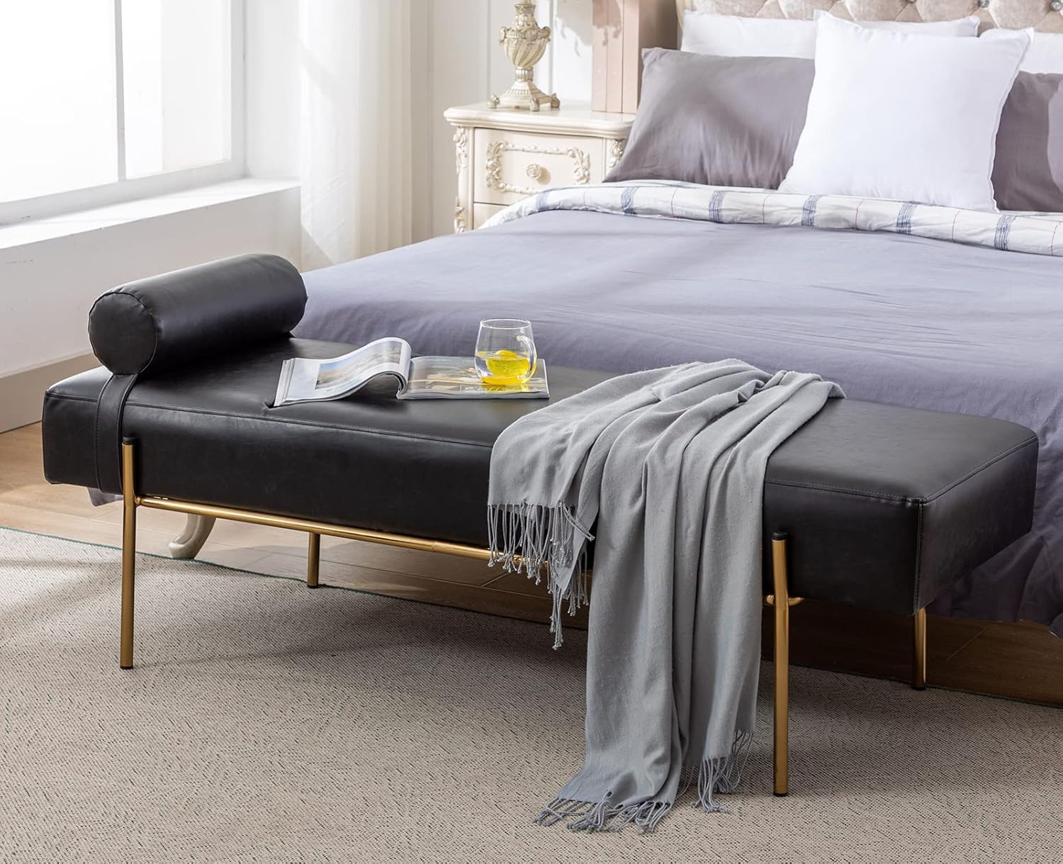 Guyou 55" Black Leather Bedroom Bench for End of Bed, Modern Upholstered Ottoman