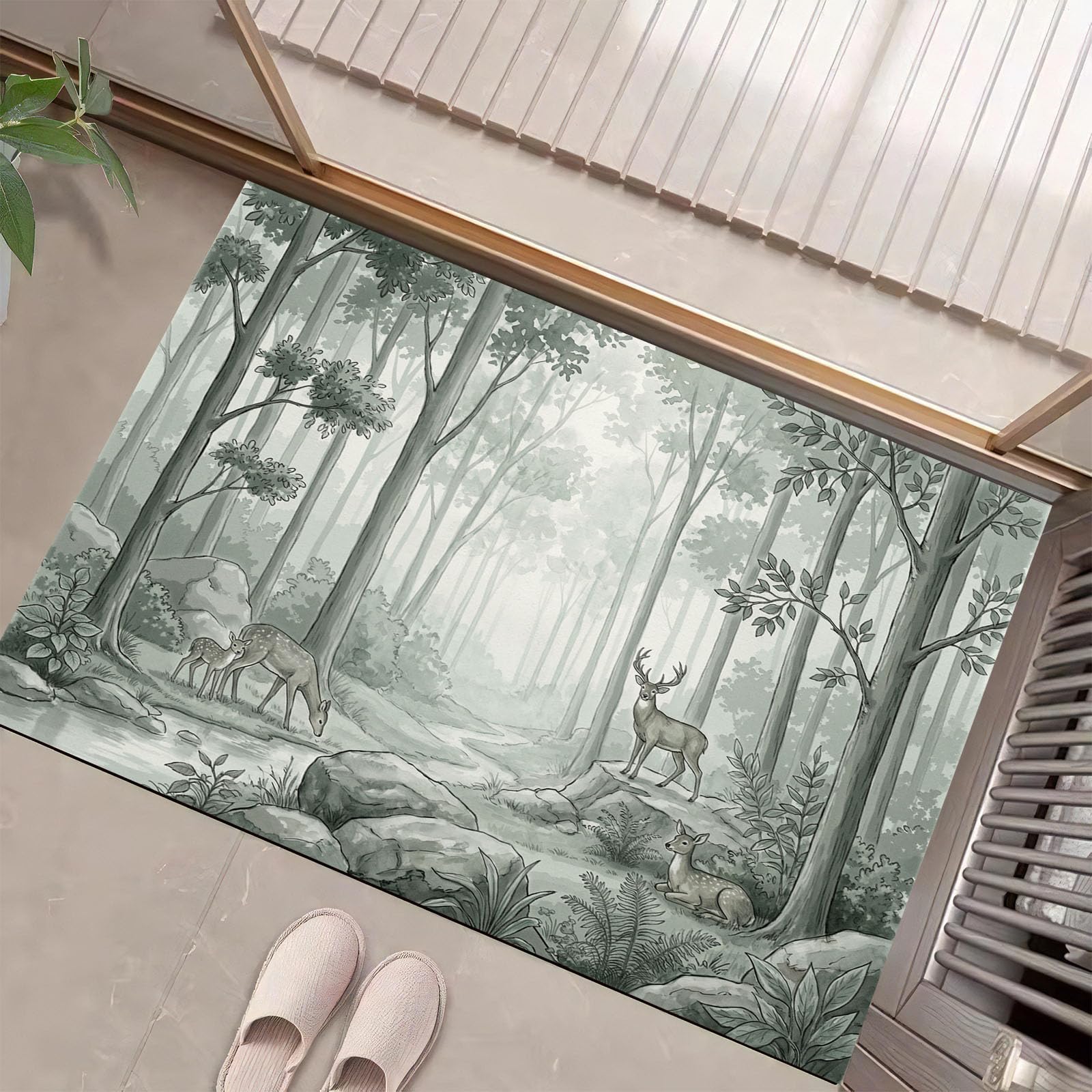 Schmutzfangmatte Innen 60x90cm, Waldhirsch Waschbare rutschfeste Fußmatte, Tintenwald Fußmatte Eingangstürmatte für Haustür Flur Innenbereich, Graugrün