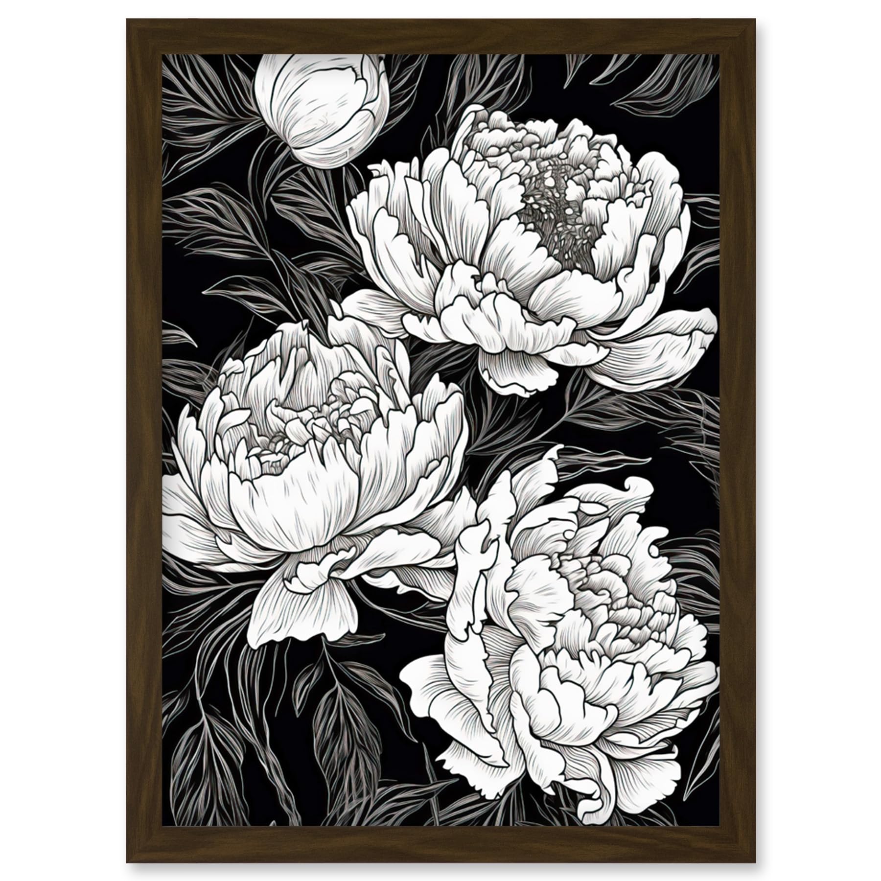 Artery8 Peony Flower Blooms White on Black Illustration Artwork Framed Wall Art Print A4