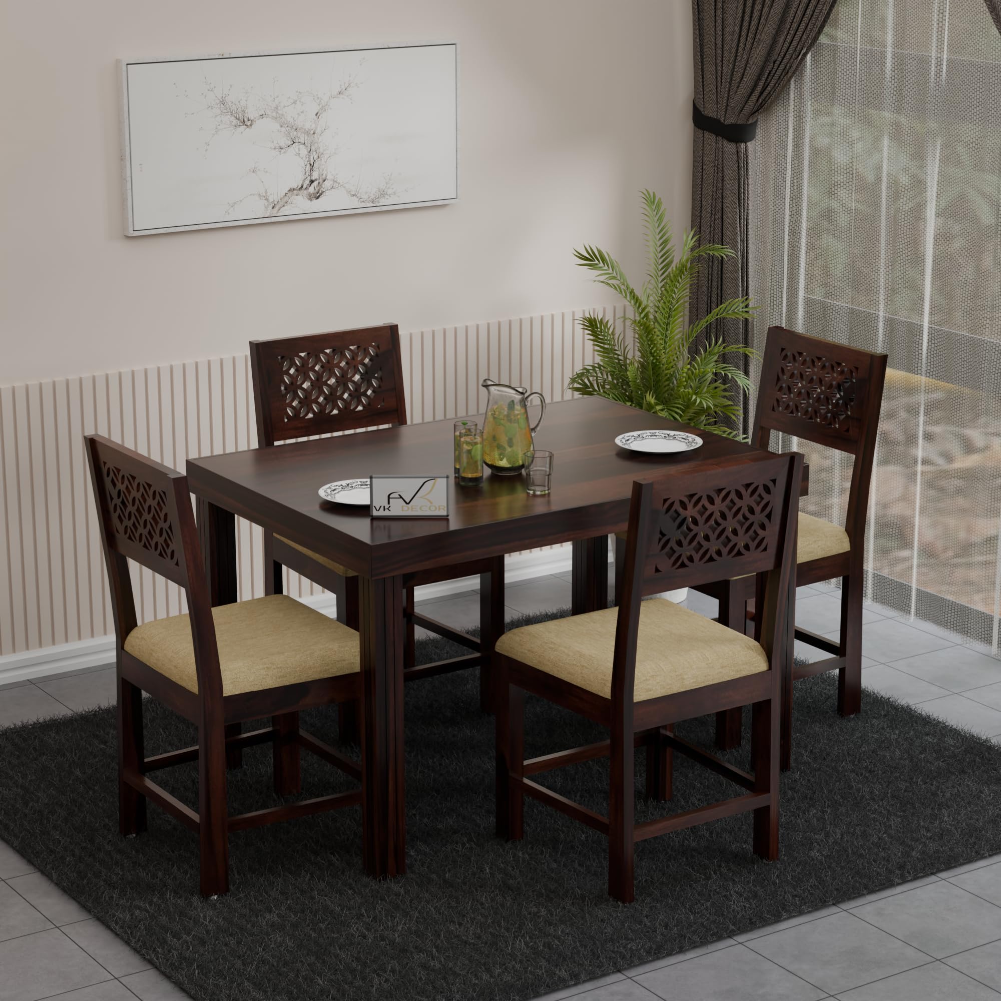 Solid Sheesham Wood 4 Seater Dining Table Set with Cushioned Chairs for Dining Room | Living Room | Home & Office | Hotels Restaurant & Cafe (4 Seater, Walnut Finish B)-image-24
