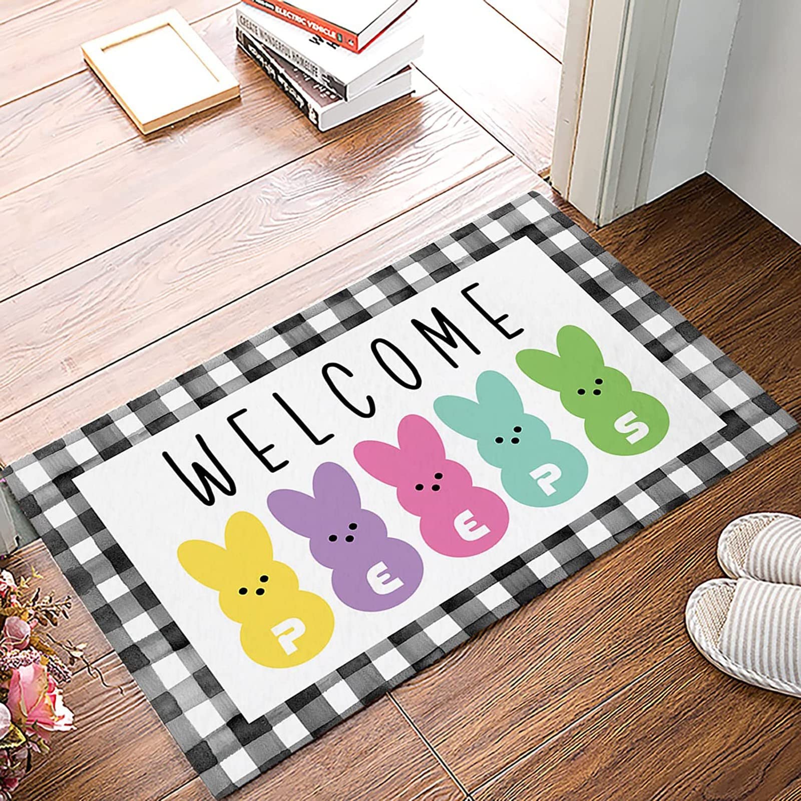 Zerbino per porta d'ingresso con scritta Easter Day Every Bunny Welcome Outdoor, Happy Easter Bunny Print Lily Eggs Home Sweet Home, Soft Home