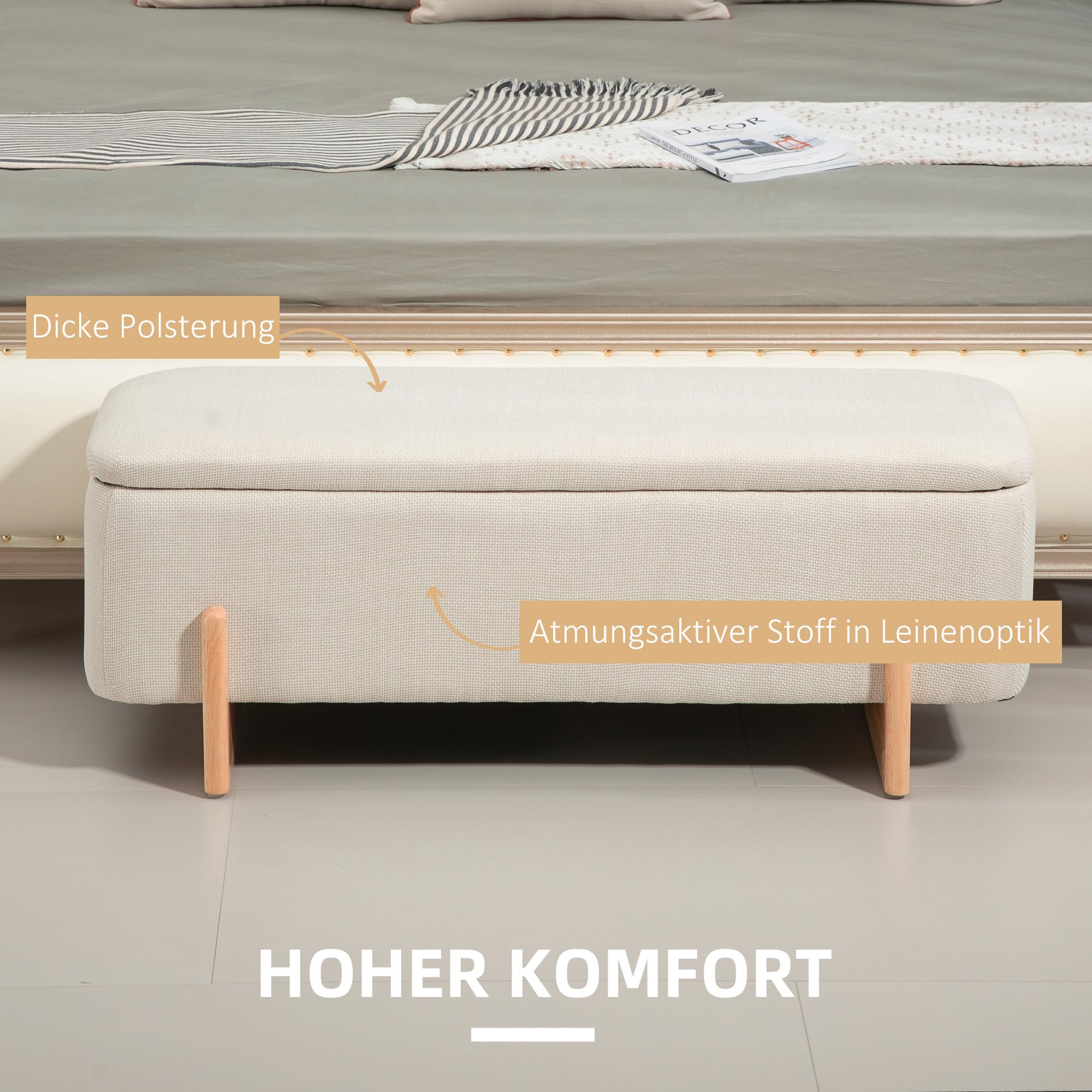HOMCOM Panca con vano portaoggetti, panca imbottita effetto lino, cassapanca con cerniera di sicurezza, gambe in legno, per soggiorno, camera da letto, corridoio, 111 x 44 x 44,5 cm, bianco crema